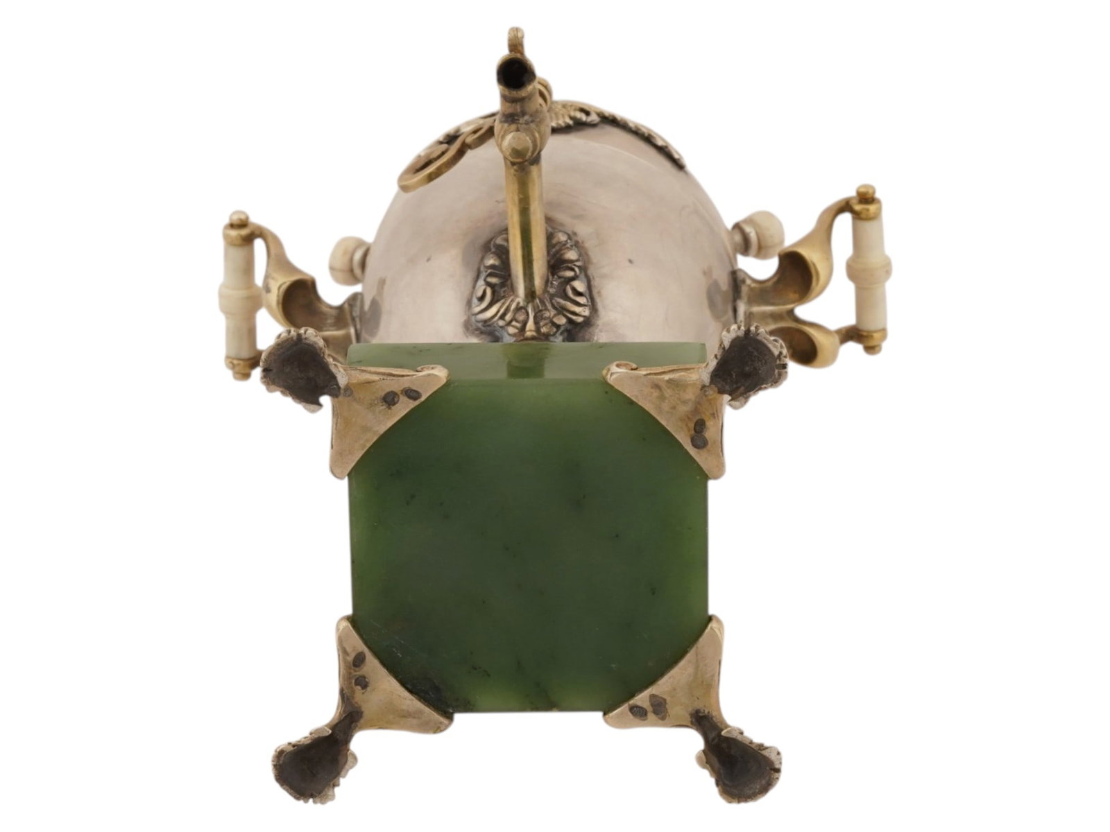 RUSSIAN SILVER ENAMEL SAMOVAR EASTER EGG ON JADE BASE - 7