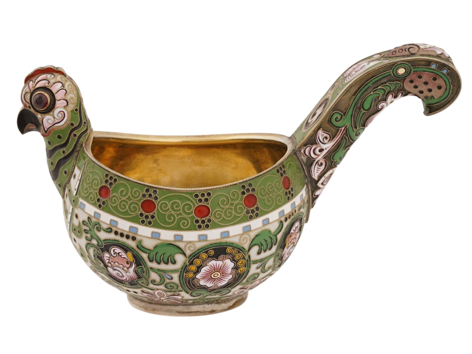 LARGE RUSSIAN SILVER CLOISONNE ENAMEL GEMS KOVSH LADLE: A large Russian gilt silver kovsh, a traditional oval-shaped drinking vessel or ladle with a single handle. The piece is designed as a hen. Floral shaded cloisonne enamel decor. Gemstone cabochon