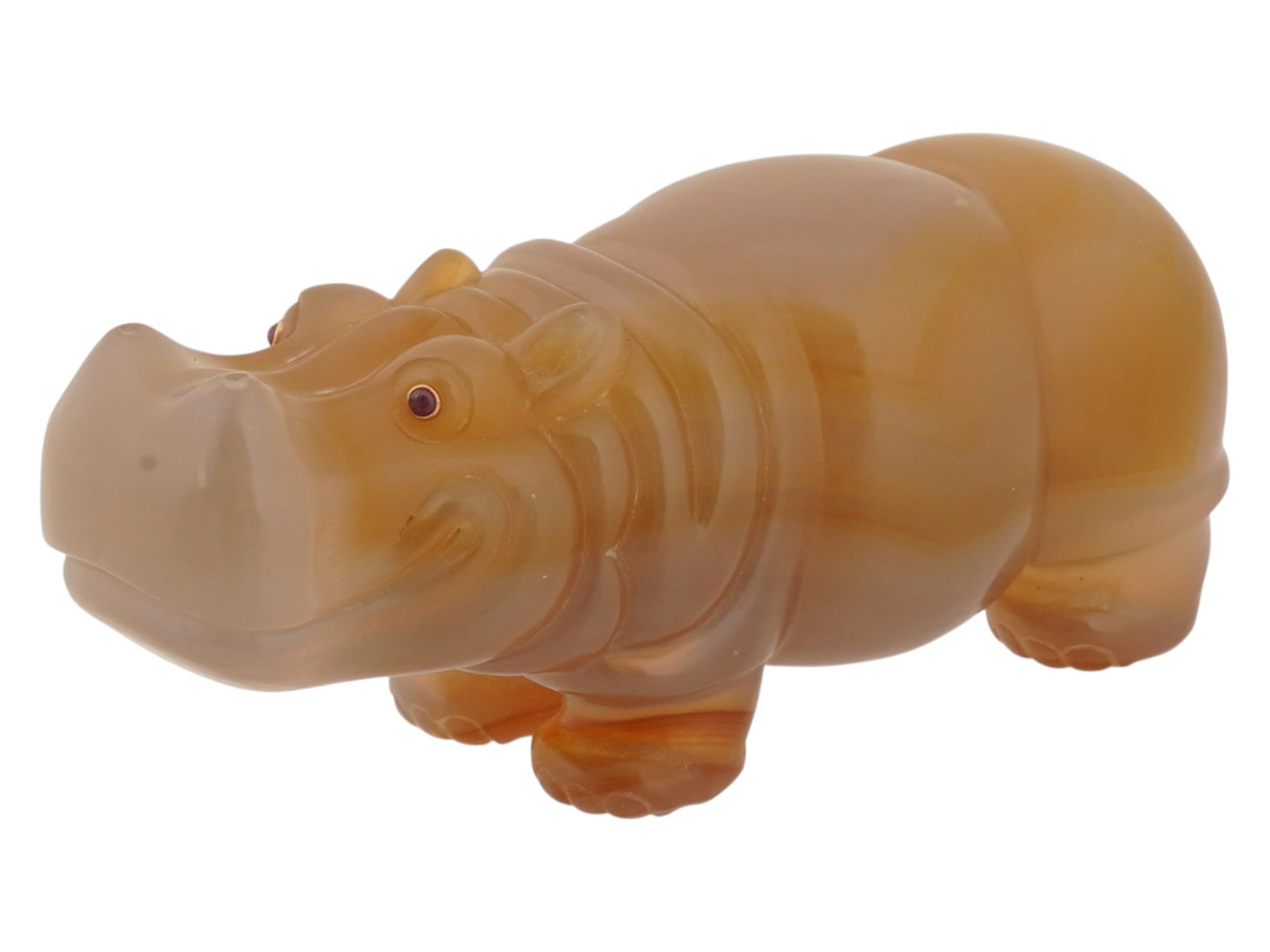 RUSSIAN CARVED AGATE FIGURINE OF A HIPPO W RUBY EYES: A Russian carved agate figurine of a hippo. Ruby cabochon eyes in gold fittings. Total Weight: 132.2 grams. Collectible Russian Jewelry And Decor. THIS LOT IS ELIGIBLE FOR A 30-DAY UNCONDITIONAL