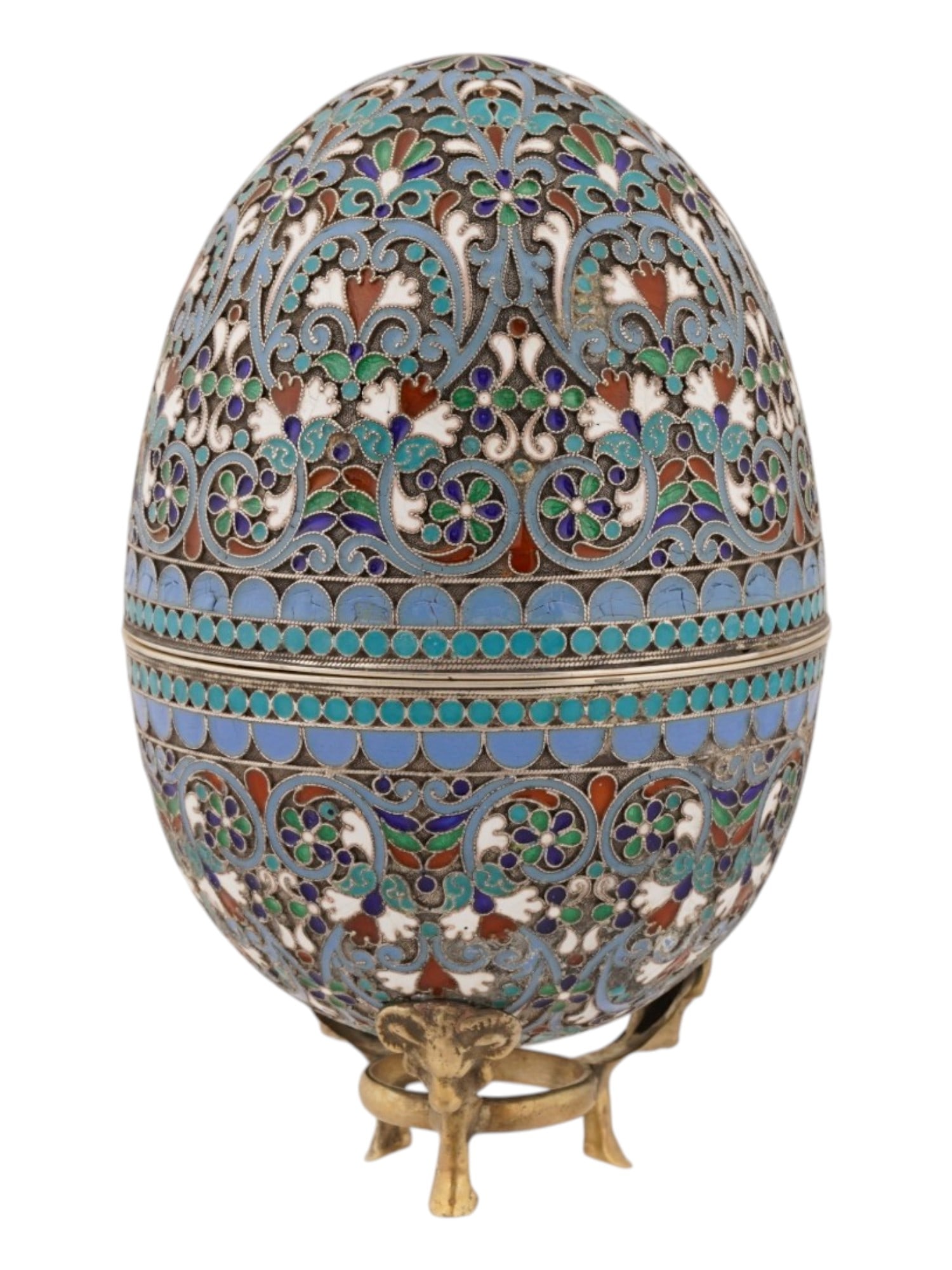 RUSSIAN SILVER CLOISONNE ENAMEL EASTER EGG W STAND - 2