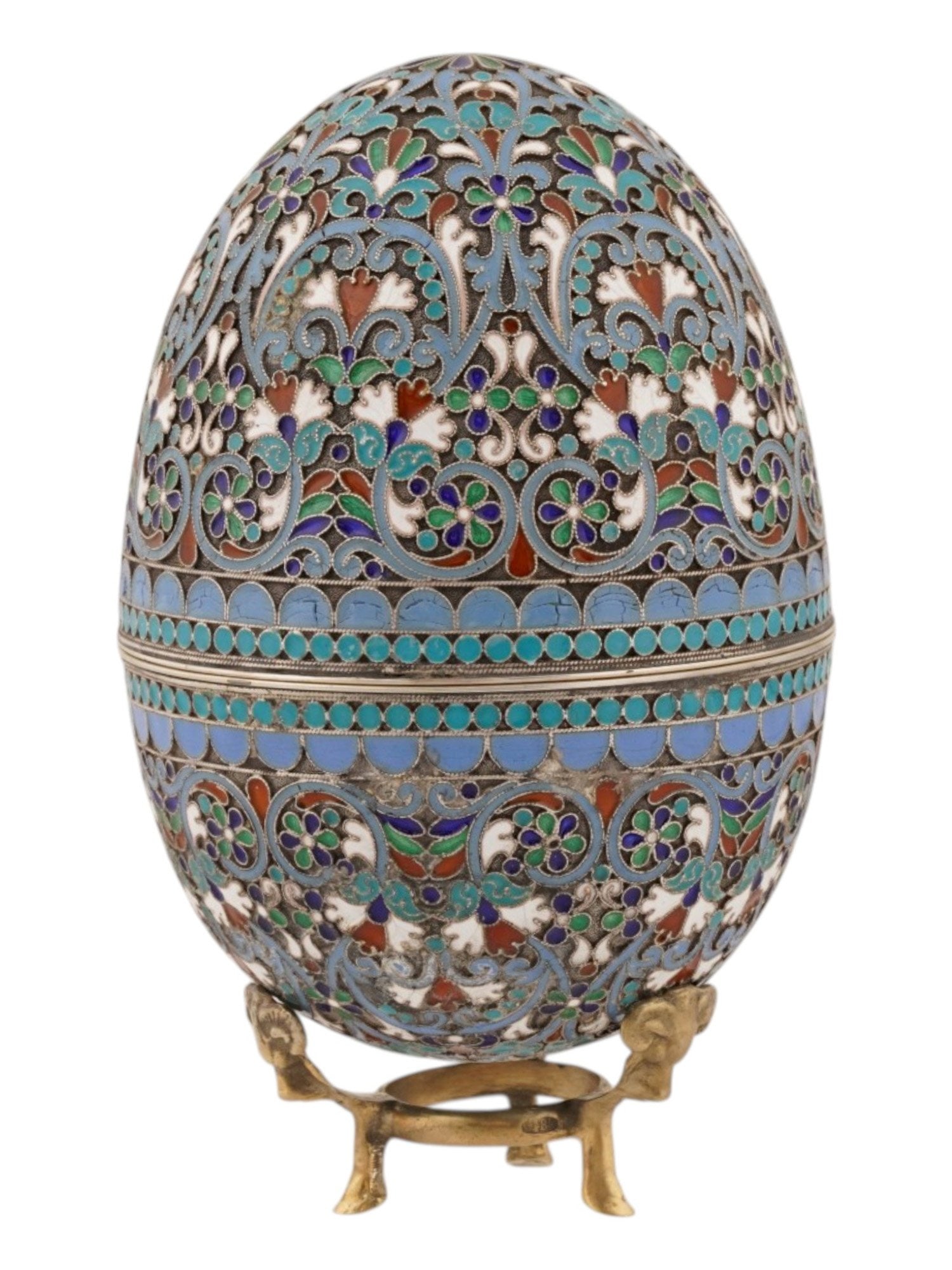 RUSSIAN SILVER CLOISONNE ENAMEL EASTER EGG W STAND - 3