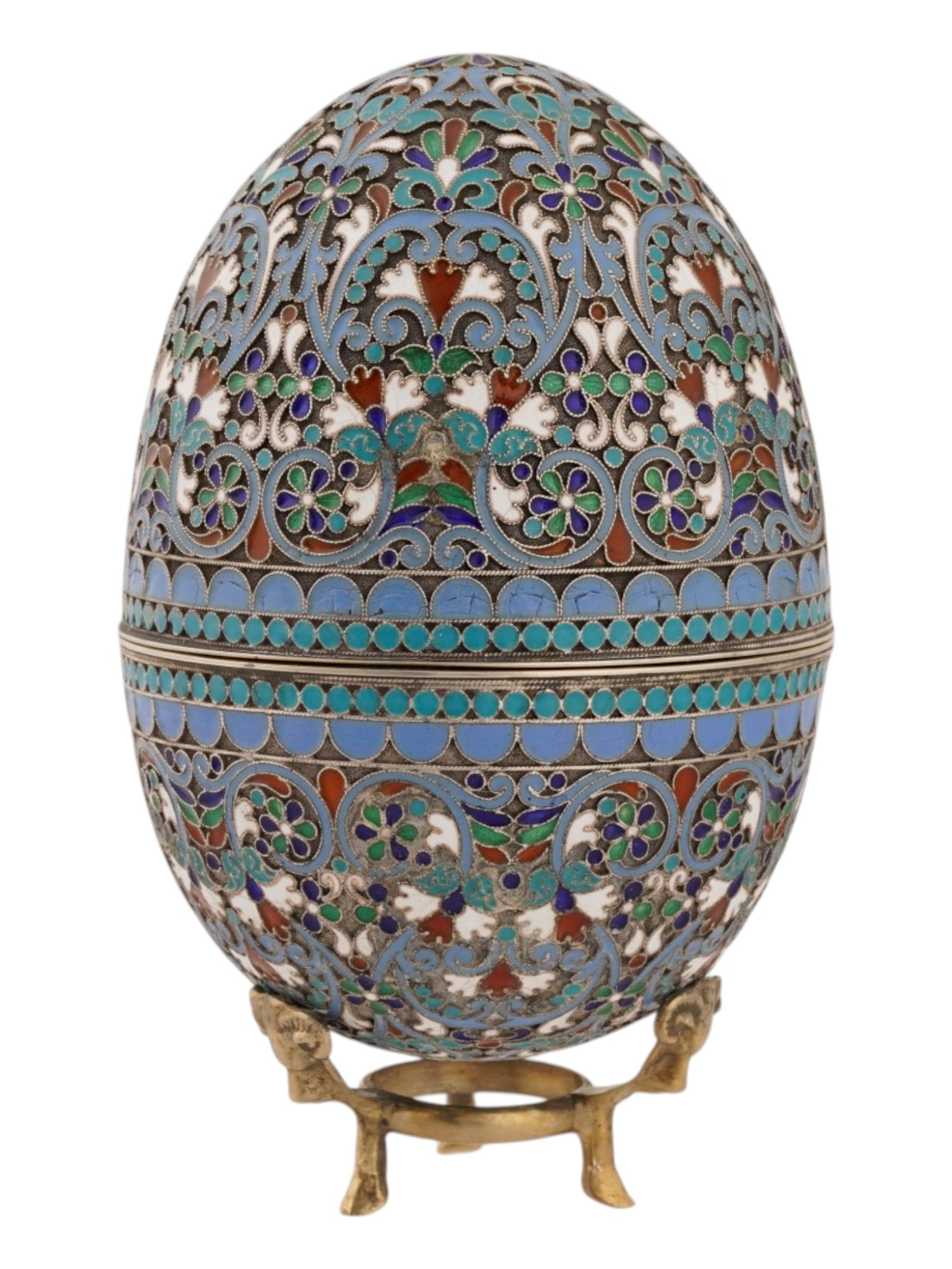 RUSSIAN SILVER CLOISONNE ENAMEL EASTER EGG W STAND - 4