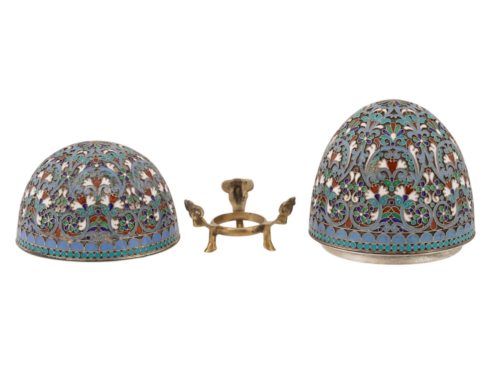 RUSSIAN SILVER CLOISONNE ENAMEL EASTER EGG W STAND - 5
