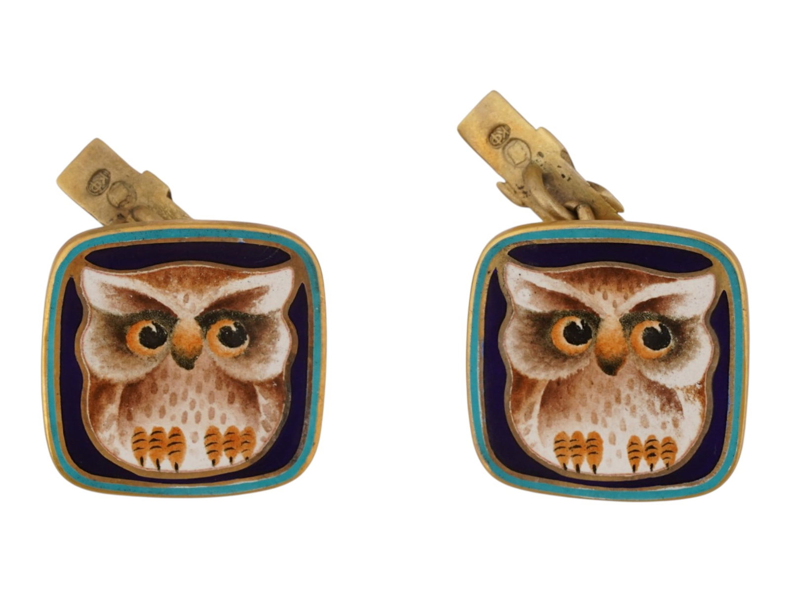 RUSSIAN GILT SILVER ENAMEL OWL CUFFLINKS: A pair of Russian gilt silver chain-style cufflinks. The front parts are enameled and represent hand-painted owls. Hallmark of 88 silver standard hallmark and makers marks on the backside. Total