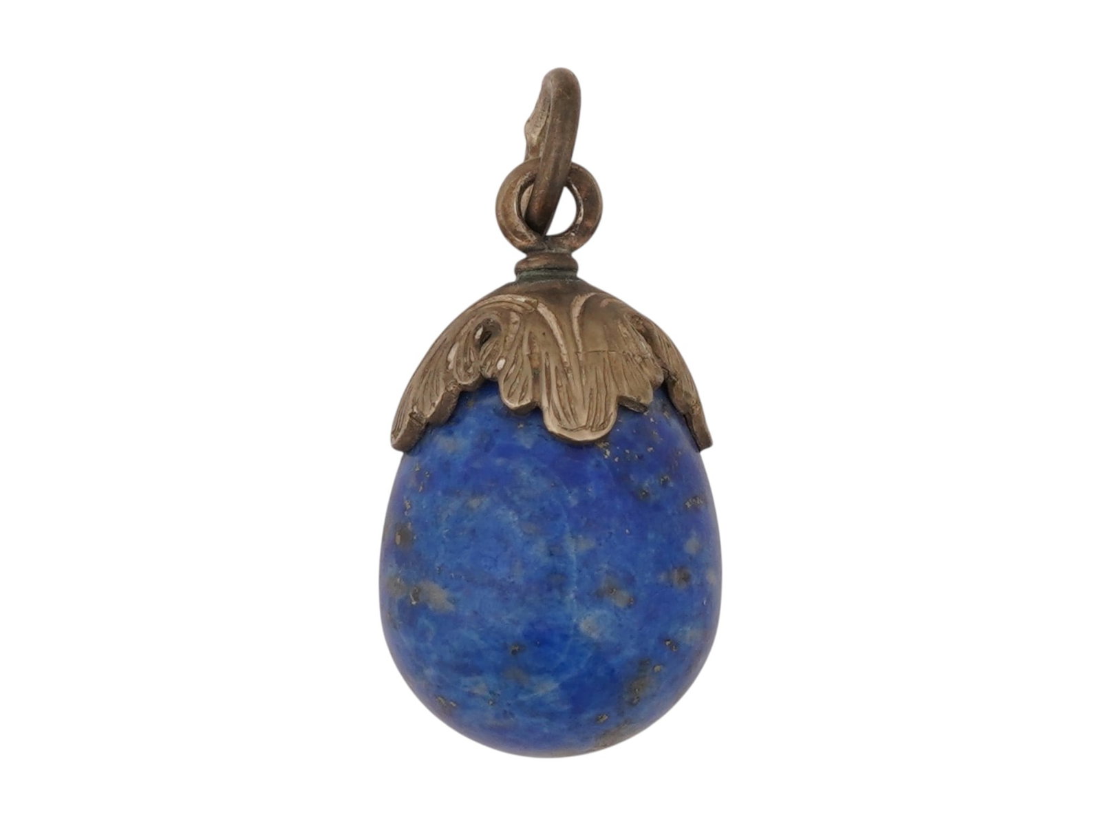 RUSSIAN SILVER AND LAPIS LAZULI EASTER EGG PENDANT: A Russian carved lapis lazuli Easter Egg pendant. Gilt silver top and fitting ring, with hallmark of 84 standard and makers mark. Total Weight: 10.6 g. Russian Jewelry And Collectibles. THIS LOT IS EL
