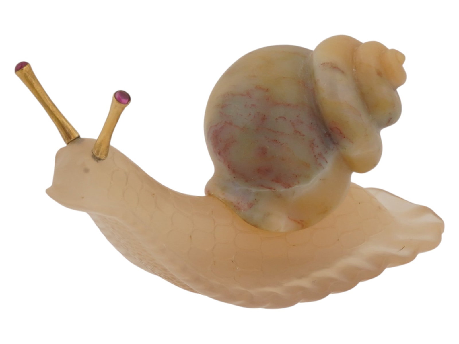 RUSSIAN AGATE CARVED FIGURINE OF A SNAIL WITH RUBY EYES: A Russian hand carved figurine of a snail featuring a body and shell made from natural agate stone. Delicately processed surface, taking into account the features and natural color of agate stone. The