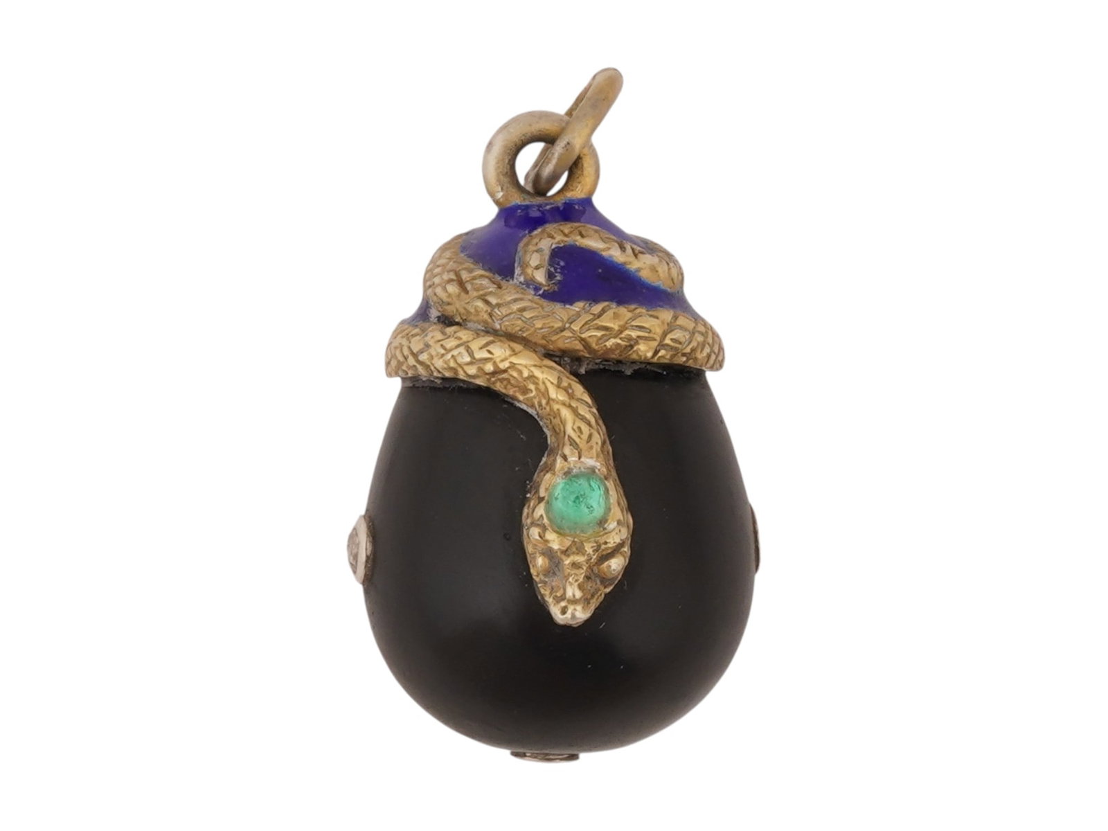 RUSSIAN CARVED JADE SILVER SNAKE EASTER EGG PENDANT: A Russian carved black jade Easter egg pendant with a gilt silver snake motif. The piece is garnished with cobalt blue enamel, diamonds, and carved emerald on the snakes head. Hallmarked with the