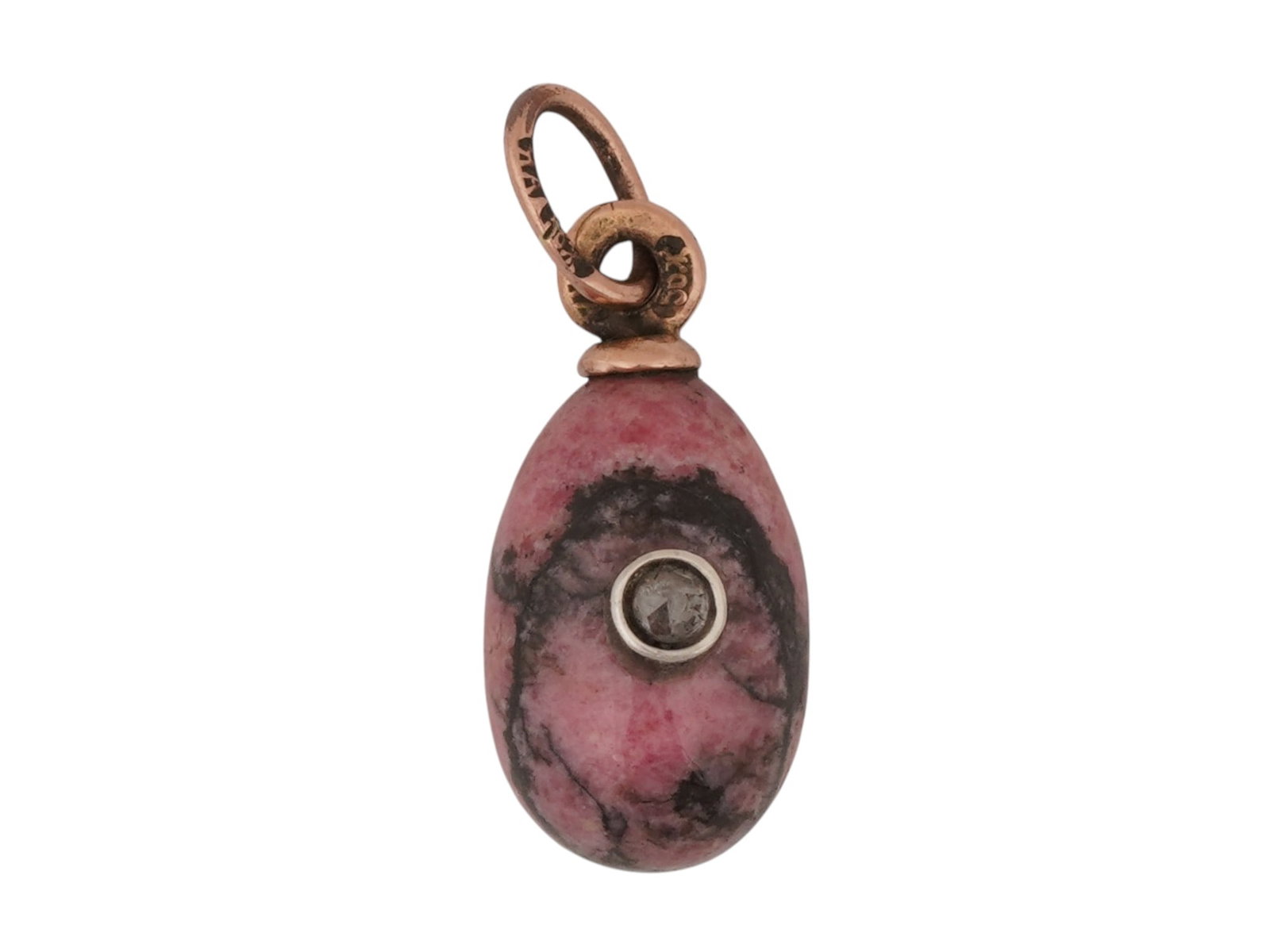 RUSSIAN 14K GOLD RHODONITE EASTER EGG PENDANT W DIAMOND: A Russian carved rhodonite Easter egg pendant. The pendant is adorned with a central diamond and set in 14K gold fittings. Hallmarked to the suspension ring with 56 gold proof and manufacturer marks.