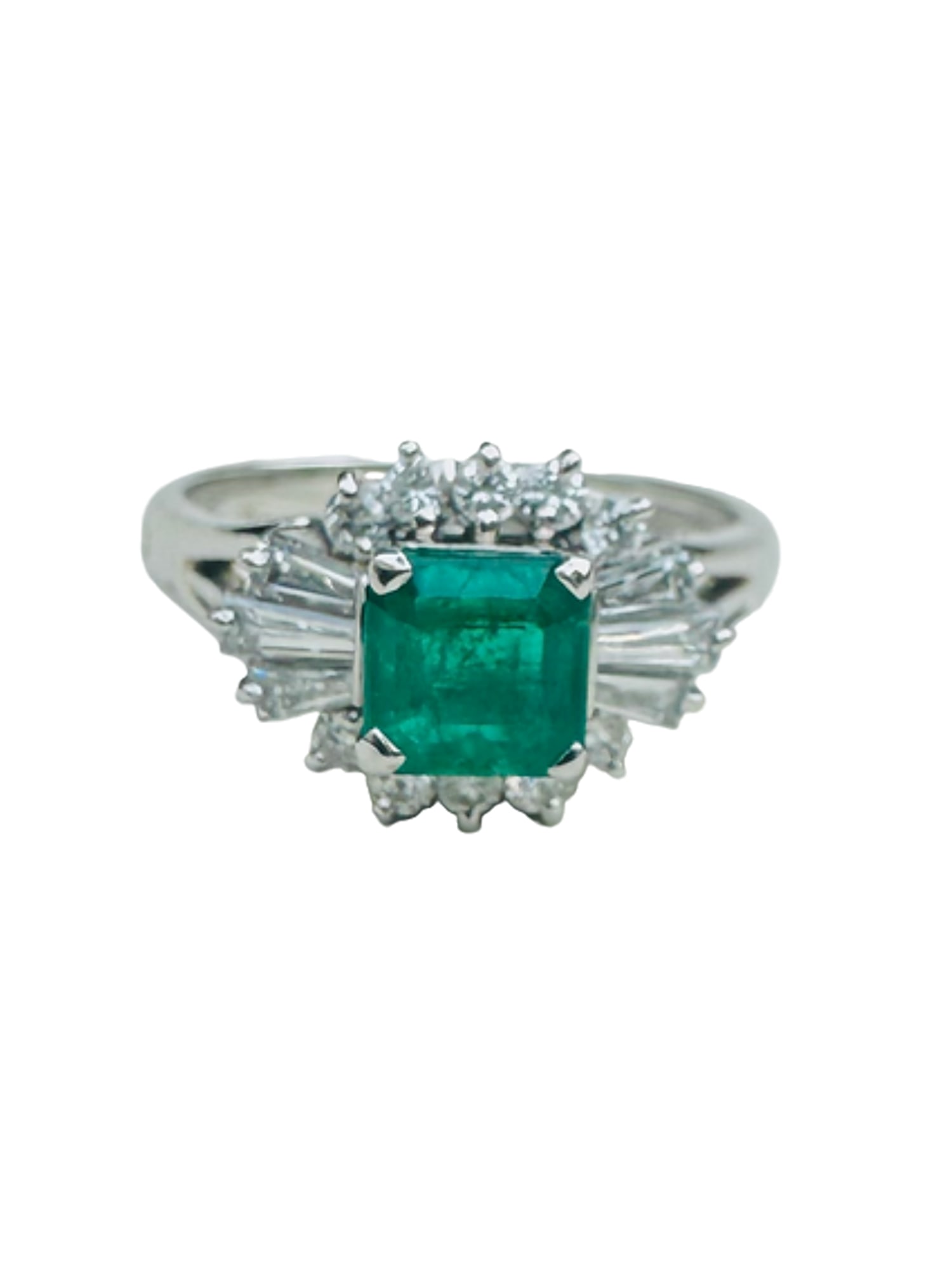 PLATNIUM 0.90 CT EMERALD, & 0.53 CTW DIAMOND RING COA: Excellent pre-owned condition. The natural emerald is secure in its setting and displays internal characteristics typical of a genuine stone. Natural diamonds are bright, well matched, and firmly set.