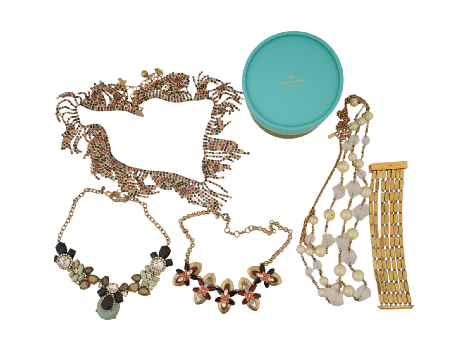 J CREW AND KATE SPADE ASSORTED COSTUME JEWELRY: An assorted costume jewelry features five statement necklaces, one wide bracelet, and a signature round aqua gift box from J. Crew and Kate Spade New York. Each piece is marked. Statement, Necklace, B