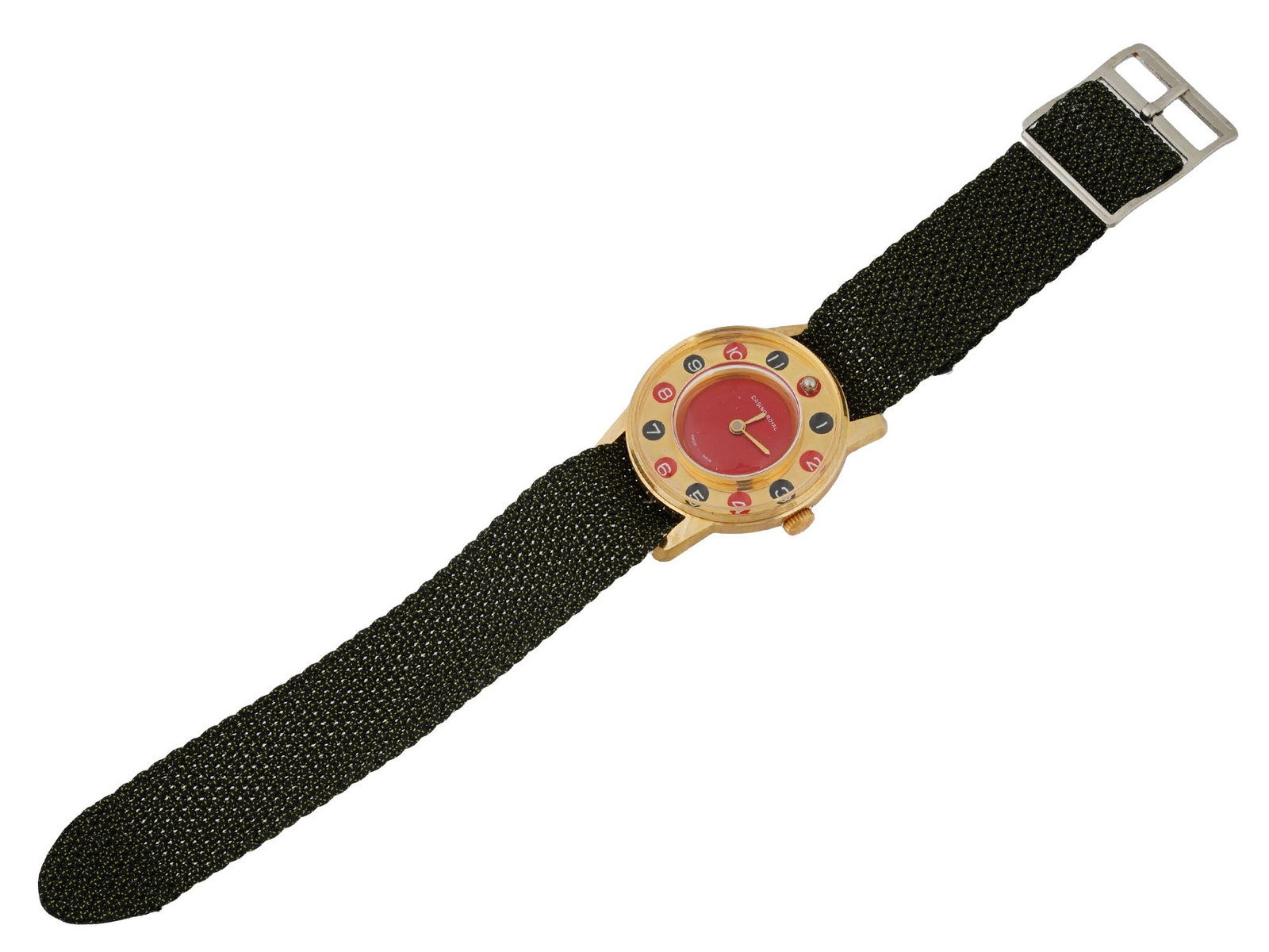 1960S CASINO ROYAL SWISS GOLD PLATED WRISTWATCH: A vintage Swiss mens mechanical wristwatch. Ca. 1960s. Round gold-plated case with base metal back. Single crown. Arabic numerals in black and red circles imitating a roulette on the bezel. Red enamel