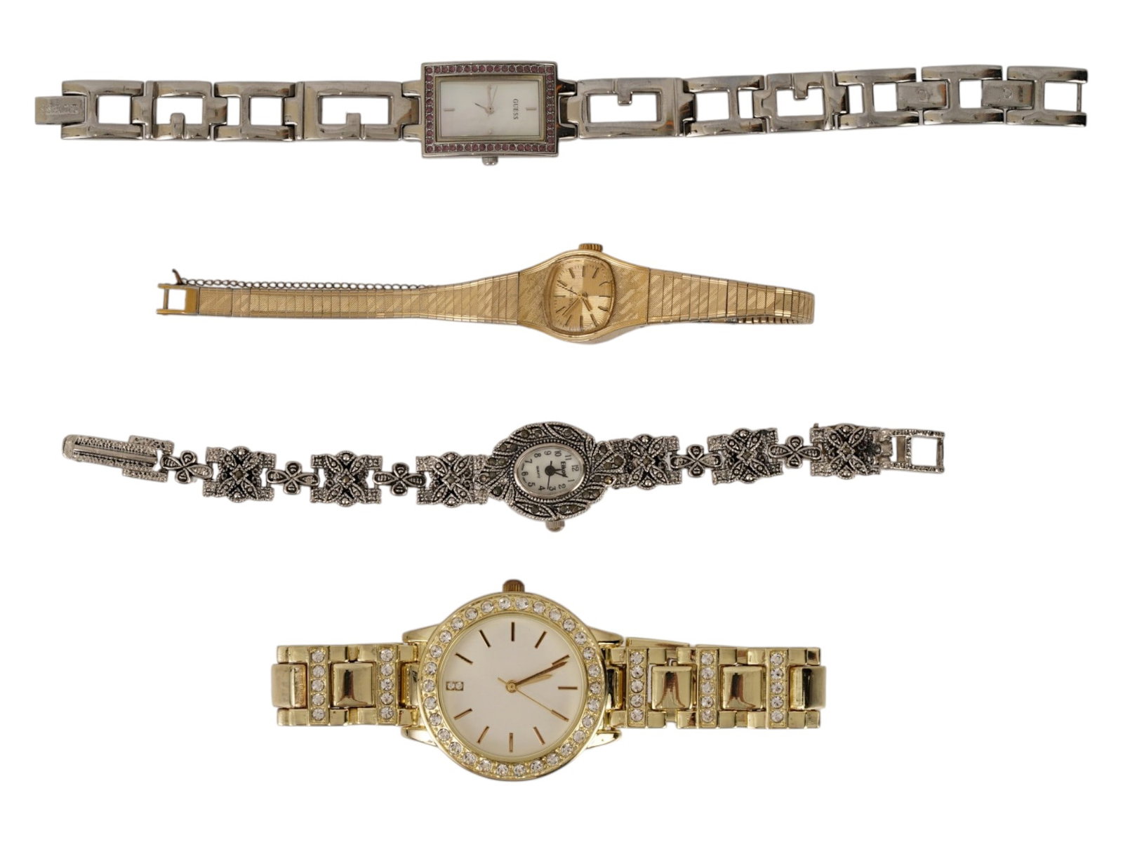 GROUP OF FOUR VINTAGE LADIES WRISTWATCHES: A group of four vintage ladies wristwatches. The collection includes a silver-tone watch with a rhinestone-accented rectangular dial, a delicate gold-tone cocktail watch with an integrated textured br