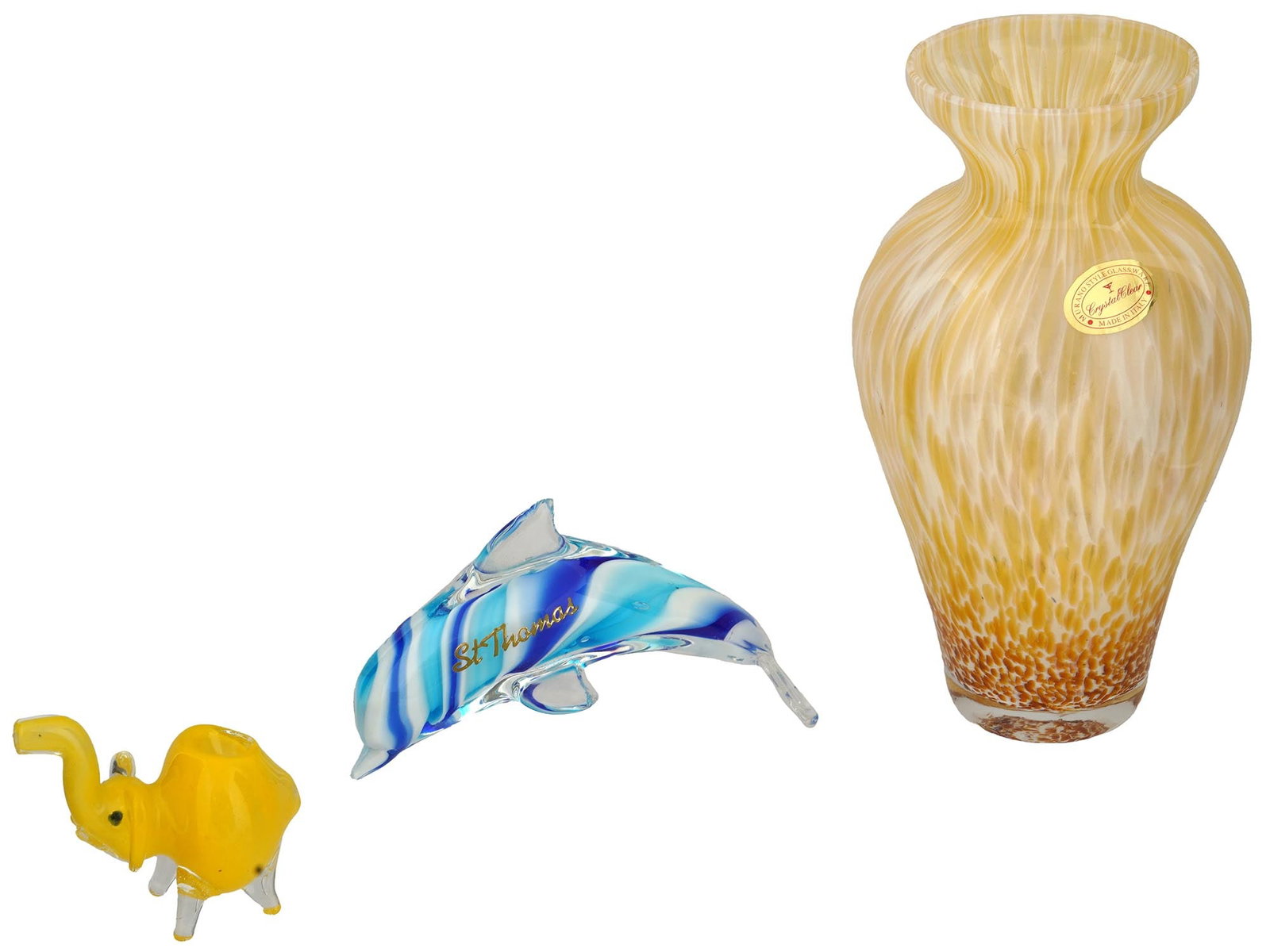 LOT OF ITALIAN MURANO MANNER ART GLASS FIGURINES VASE: A lot of three Italian Murano manner hand blown art glass wares. The lot includes two figurines made in the shapes of a dolphin and an elephant. The dolphin is inscribed, St. Thomas. The lot also incl
