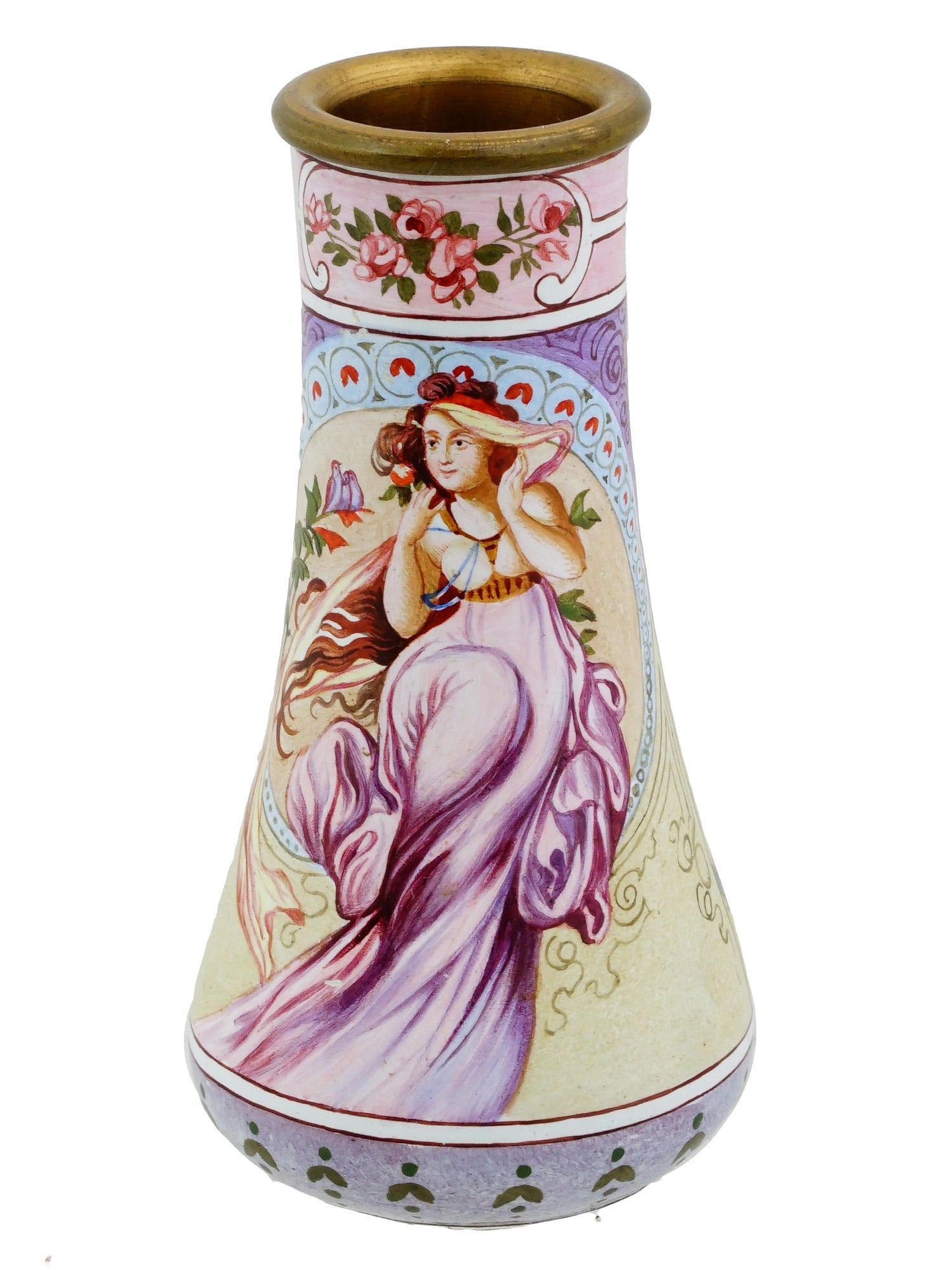 AFTER ALPHONSE MUCHA ART NOUVEAU ENAMEL CANE HANDLE: An antique early 20th-century Italian brass walking cane or parasol handle. Hand-painted enamel surface depicting an Art Nouveau female portrait in the manner of Alphonse Mucha, 1860 to 1939. Unmarked