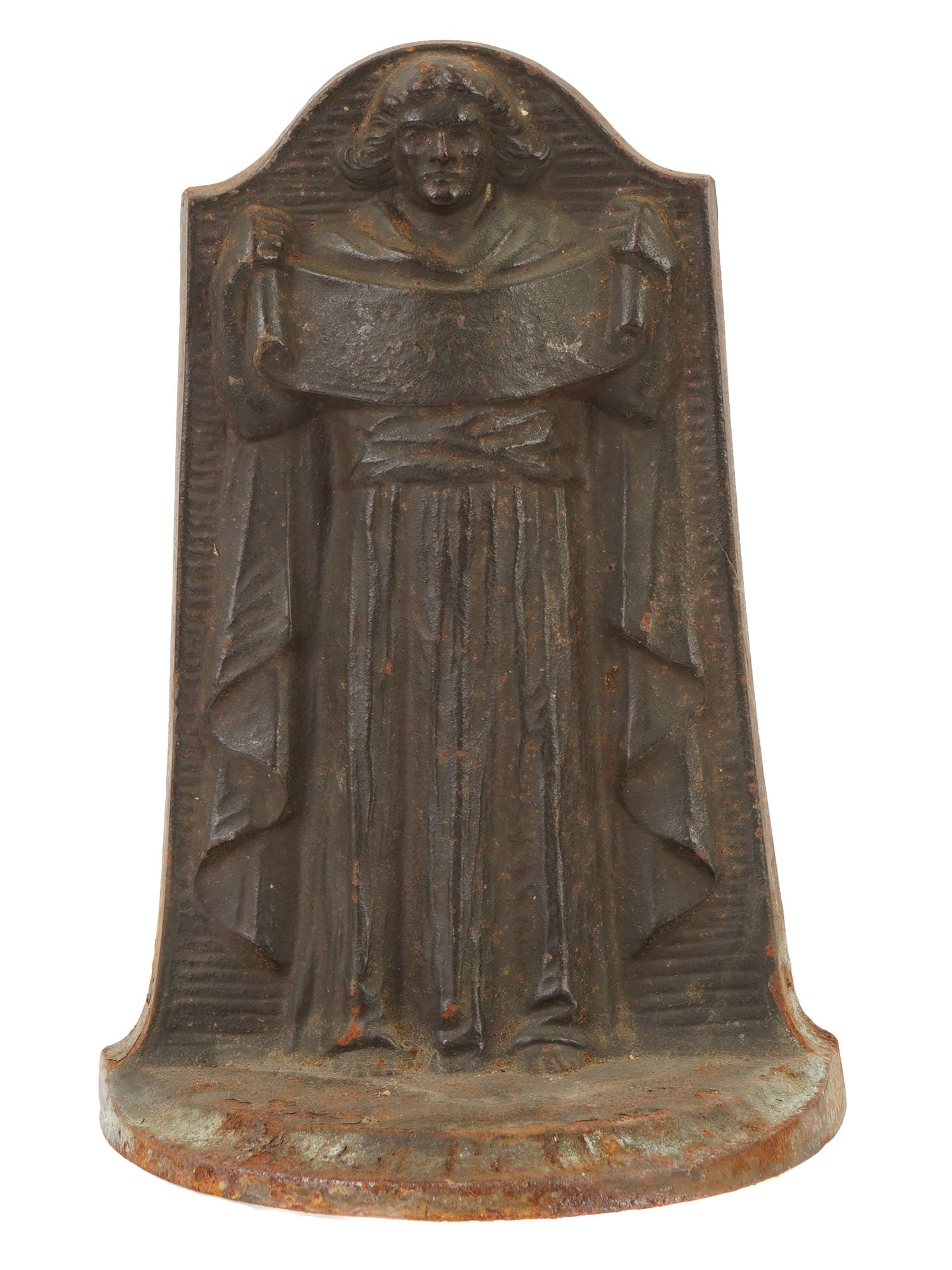 LOUIS ALBERT GUDEBROD AMERICAN BRONZE BOOKEND PROPHETIA: Louis Albert Gudebrod, American, 1872 to 1961, a bronze bookend titled Prothetia. The composition depicts a robed and bearded scholar or lawgiver holding an open scroll across his chest, framed