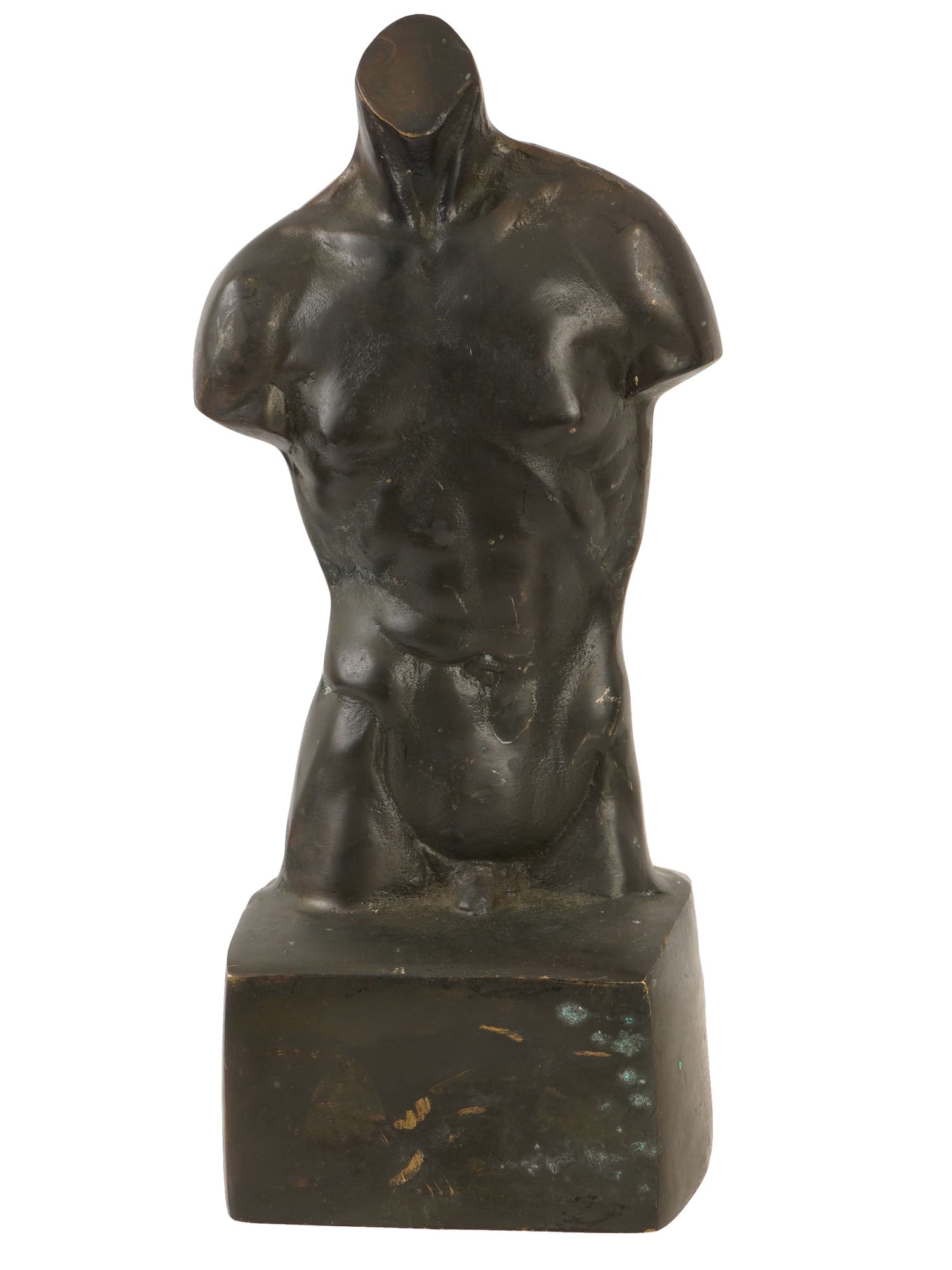 VINTAGE MALE TORSO BRONZE SCULPTURE: A vintage cast bronze sculpture. Headless male torso. Brown patina. Unsigned. Collectible Sculpture And Fine Arts, Decor. THIS LOT IS ELIGIBLE FOR A 30-DAY UNCONDITIONAL RETURN FROM THE DATE OF THE SA