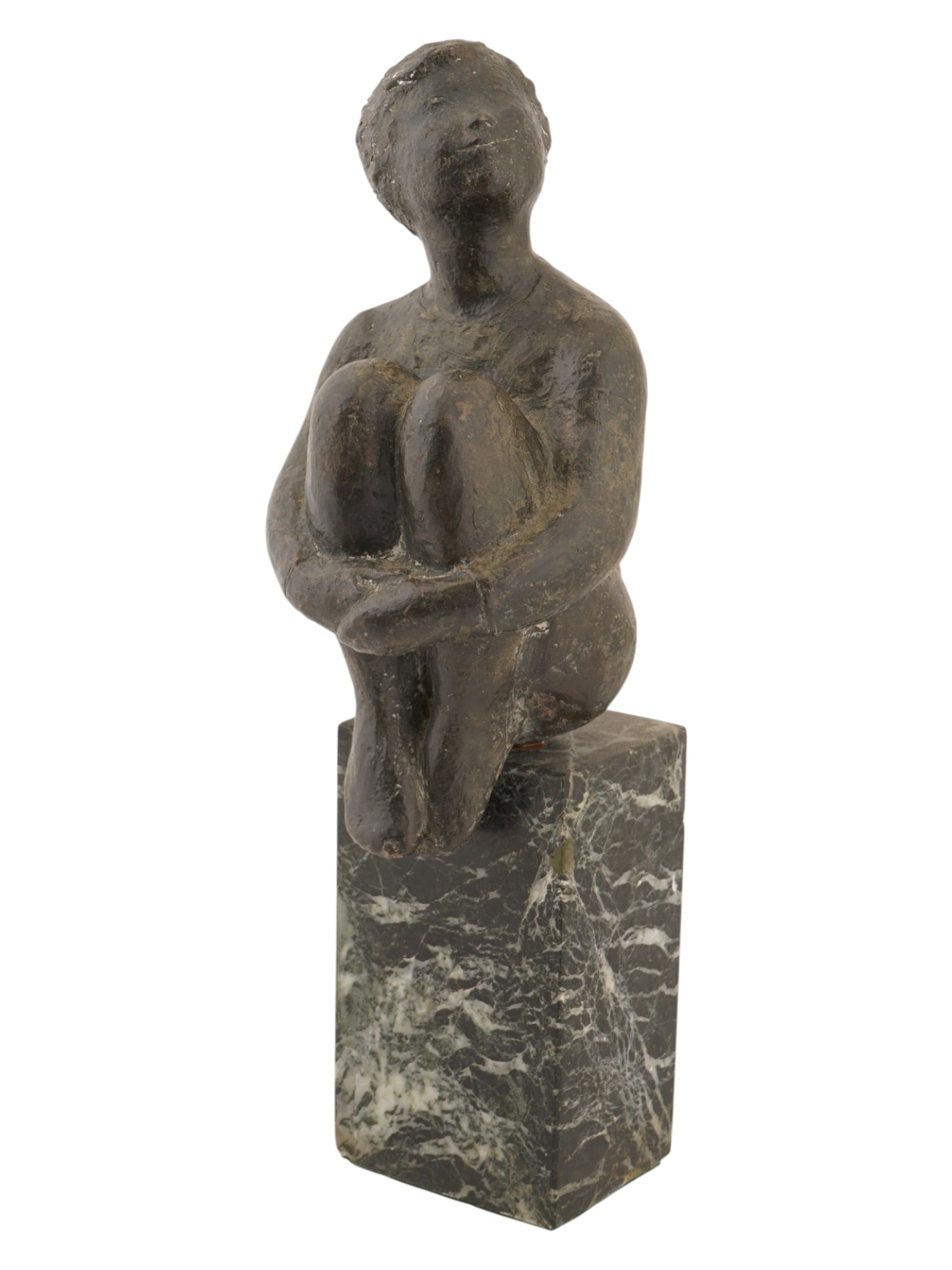 ATTR ANKER HOFFMANN MINIATURE BRONZE SCULPTURE: A miniature vintage bronze sculpture attributed to Danish artist Anker Hoffmann, 1904 to 1985. Circa the late 20th century, 1970s. The modernist sculpture depicts a seated female figure in a contempla