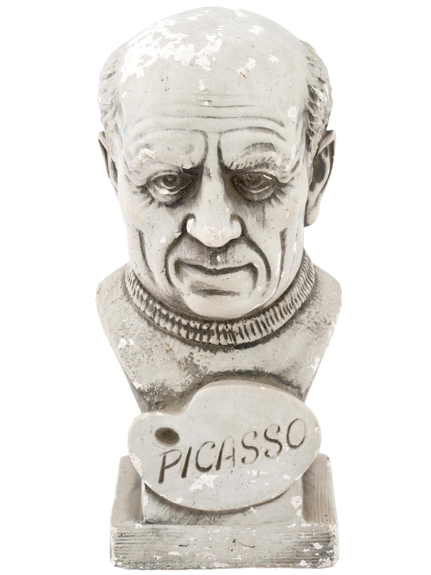 SPANISH PABLO PICASSO STONE SCULPTURE BY ANTONIO: A vintage Spanish patinated stone bust sculpture of Pablo Picasso by Antonio, created 29.9.1980. The famous artist is depicted in his mature years, in a realistic manner. Below the face is a palette w