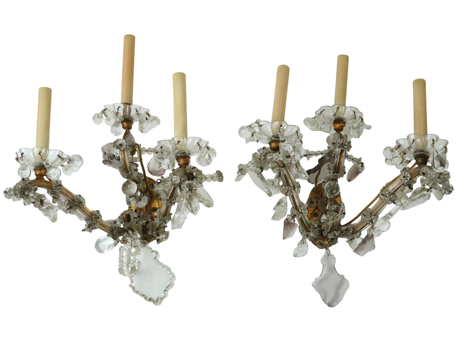 PAIR OF ANTIQUE AUSTRIAN CRYSTAL GLASS LIGHT SCONCES: A pair of antique Austrian Crystal glass three lights sconces. The sconces are made in a floral cut glass design. Each bowl is adorned with Crystal glass drops. Circa: late 19th century to early 20th 