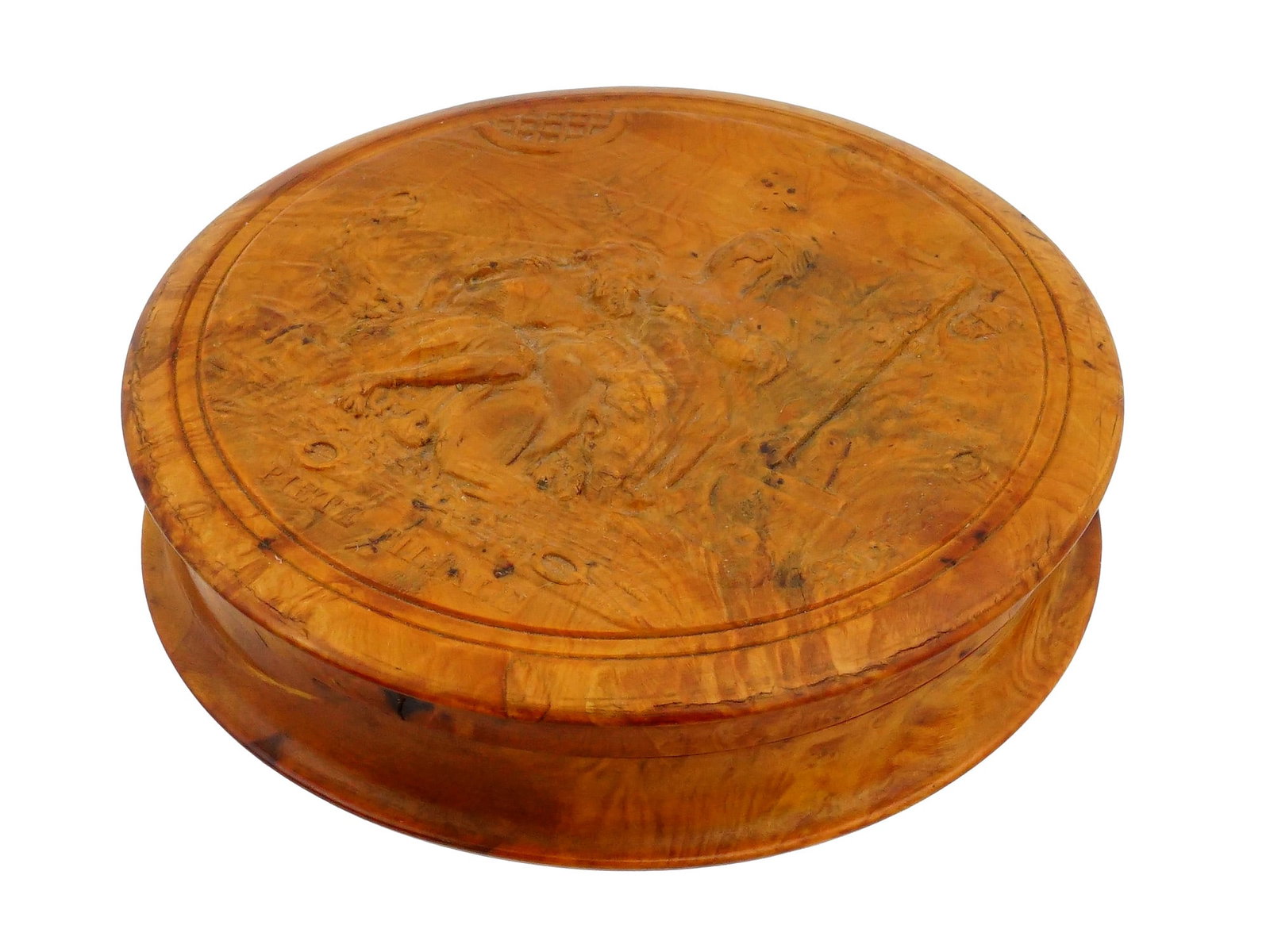 ANTIQUE EUROPEAN ROMAN CHARITY CARVED WOOD TRINKET BOX: An antique European carved hard wood oval trinket box. The lid of the ware depicts a Roman Charity or Cimon and Pero story scene with a daughter breastfeeding her father. Titled in French Piete Filial