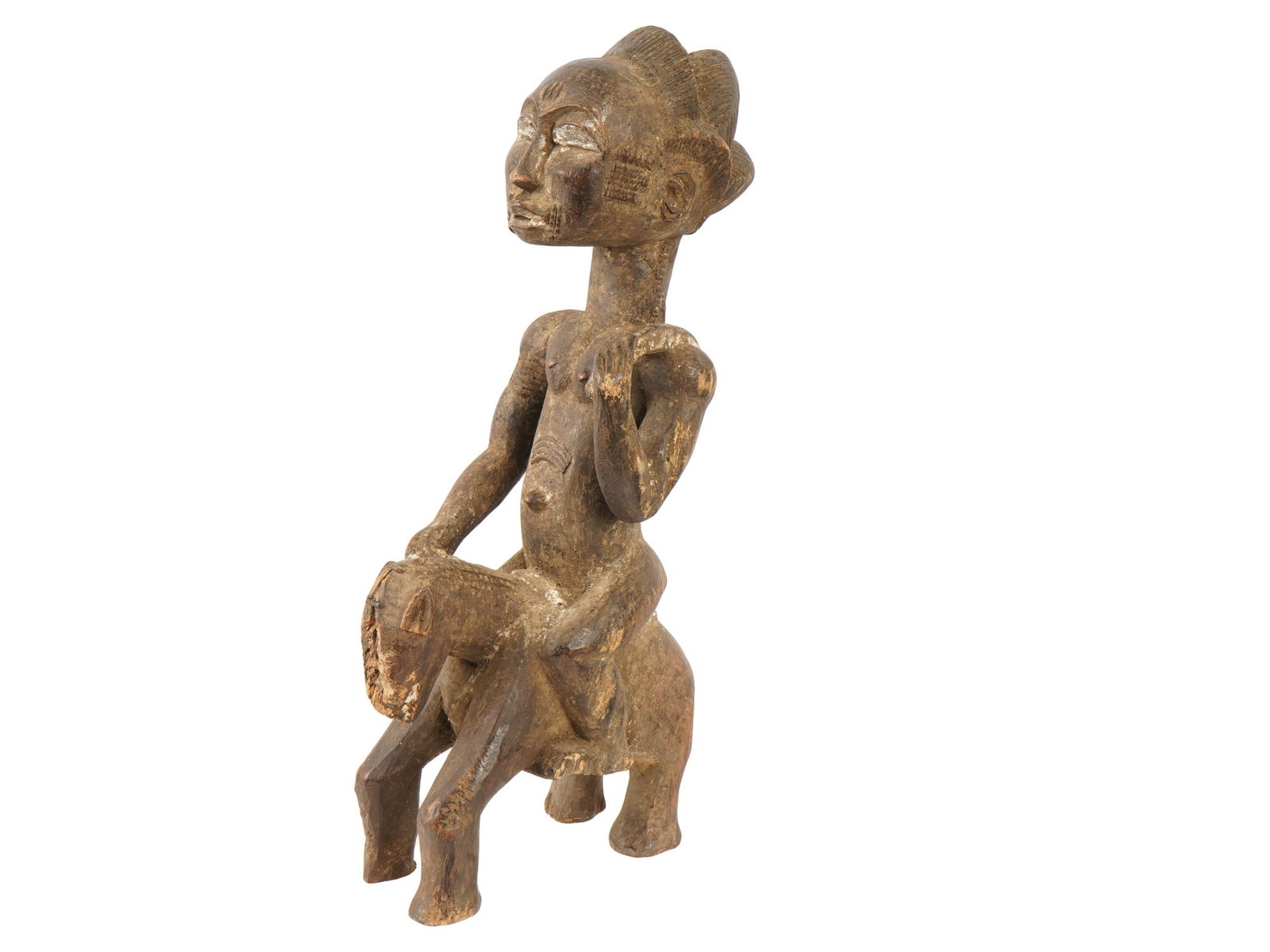 AFRICAN BAULE CARVED WOODEN FIGURE MOUNTED HORSEWOMAN (1 of 11)