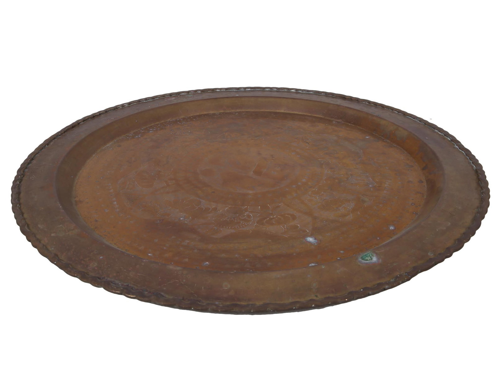 VINTAGE MID CENTURY CHINESE ETCHED BRASS TRAY: A large vintage Chinese Hong Kong Mid Century brass serving tray with intricate hand chased designs with flowers, birds, animals, and Chinese symbol Fu meaning good luck or blessings at the center.