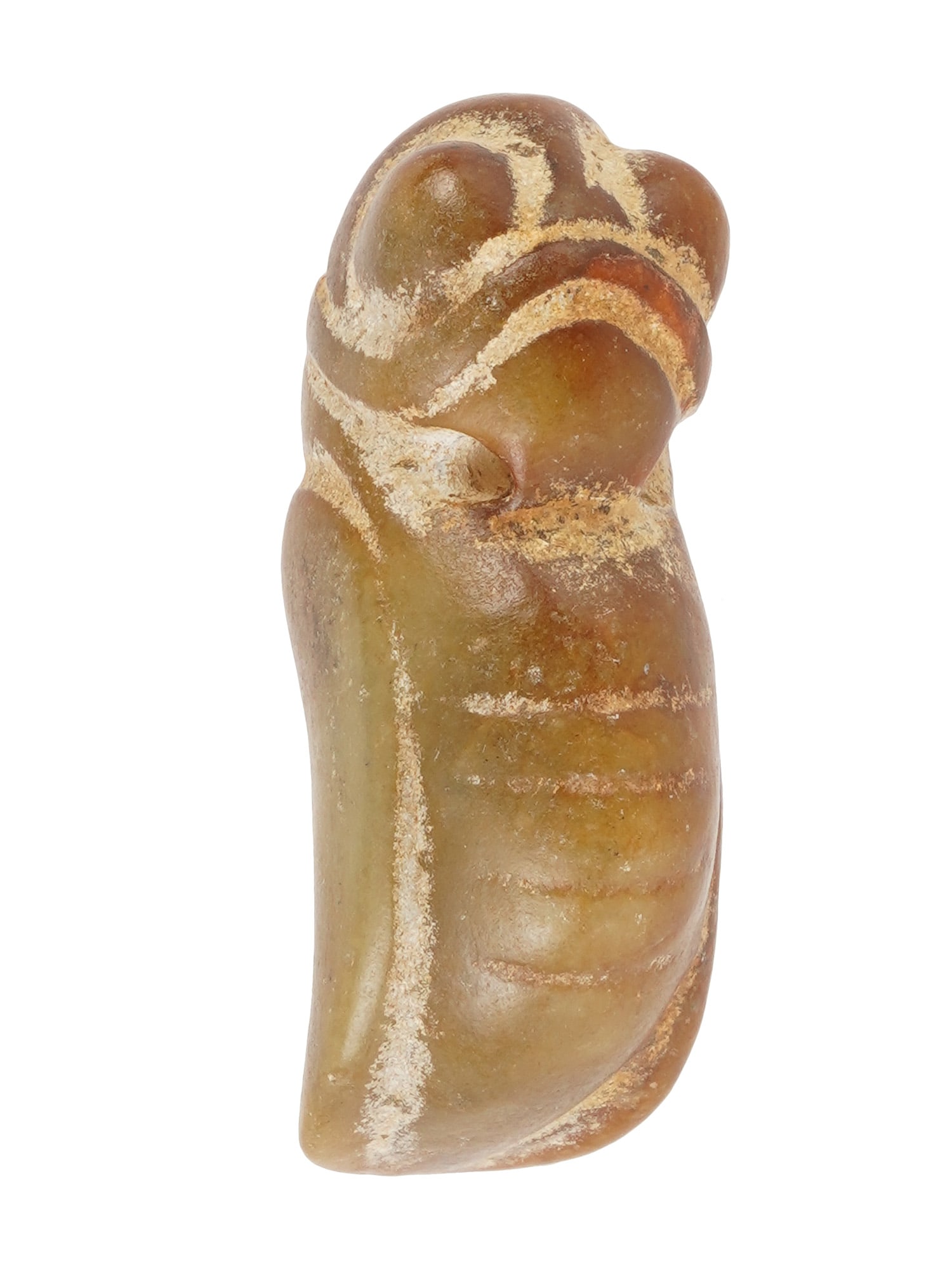 ANTIQUE CHINESE CARVED JADE CICADA PENDANT: An antique Chinese carved jade mythical creature pendant. The figurine represents a mythical creature, possibly a cicada insect in a yellow brown shade with a through hole. Antique and Vintage