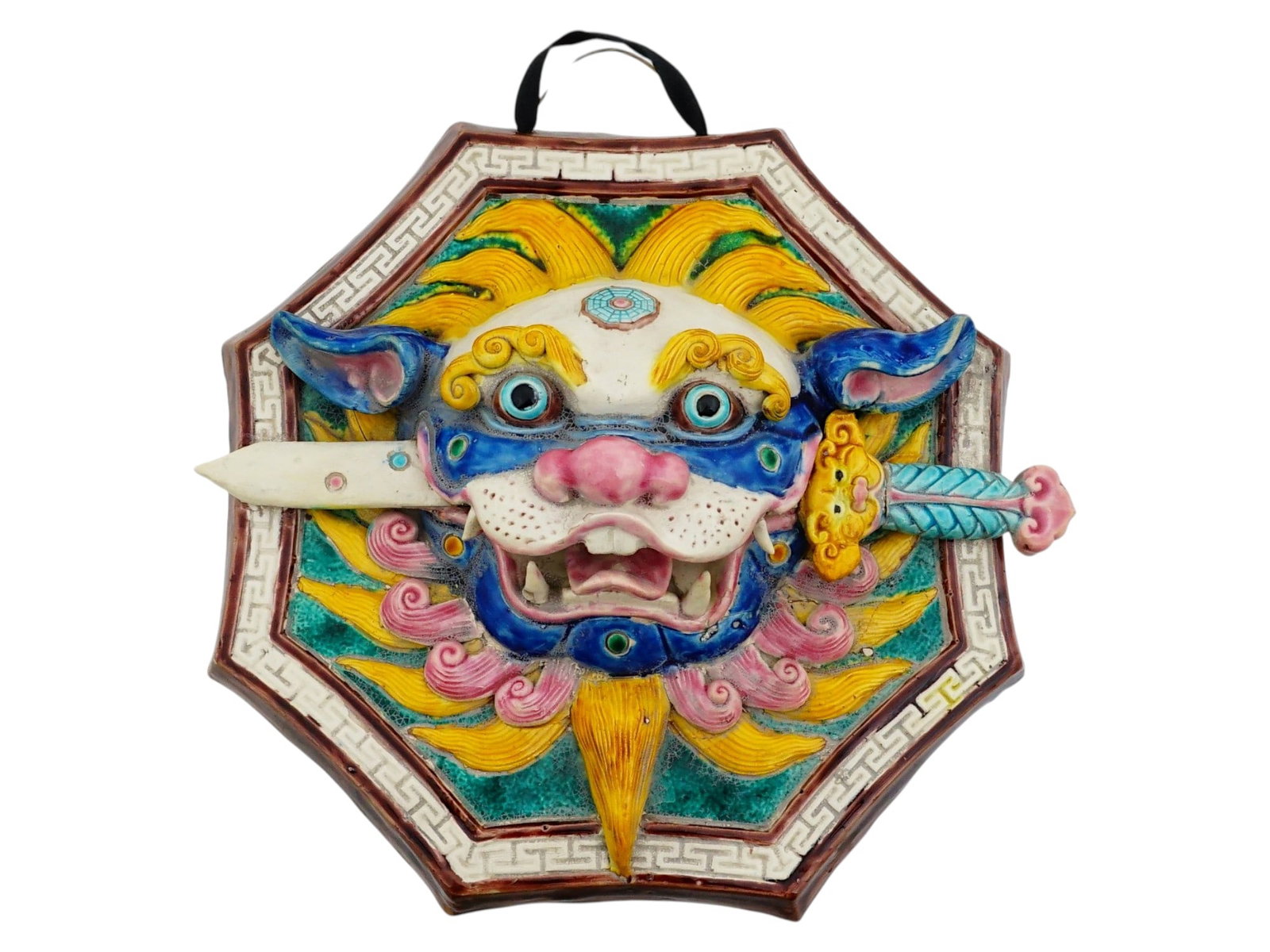 CHINESE OCTAGONAL GLAZED CERAMIC WALL PLAQUE - 2