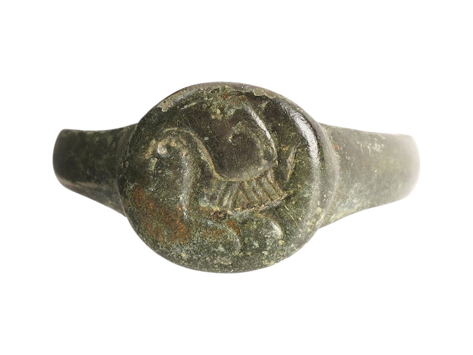 ANCIENT ROMAN BRONZE RING ENGRAVED ROOSTER 100 TO 300 AD: An ancient Roman bronze signet ring, circa 100 to 300 AD. The ring features an engraved design representing a rooster. Ancient Roman Rings And Jewelry Collectibles. THIS LOT IS ELIGIBLE FOR A 30-DAY U