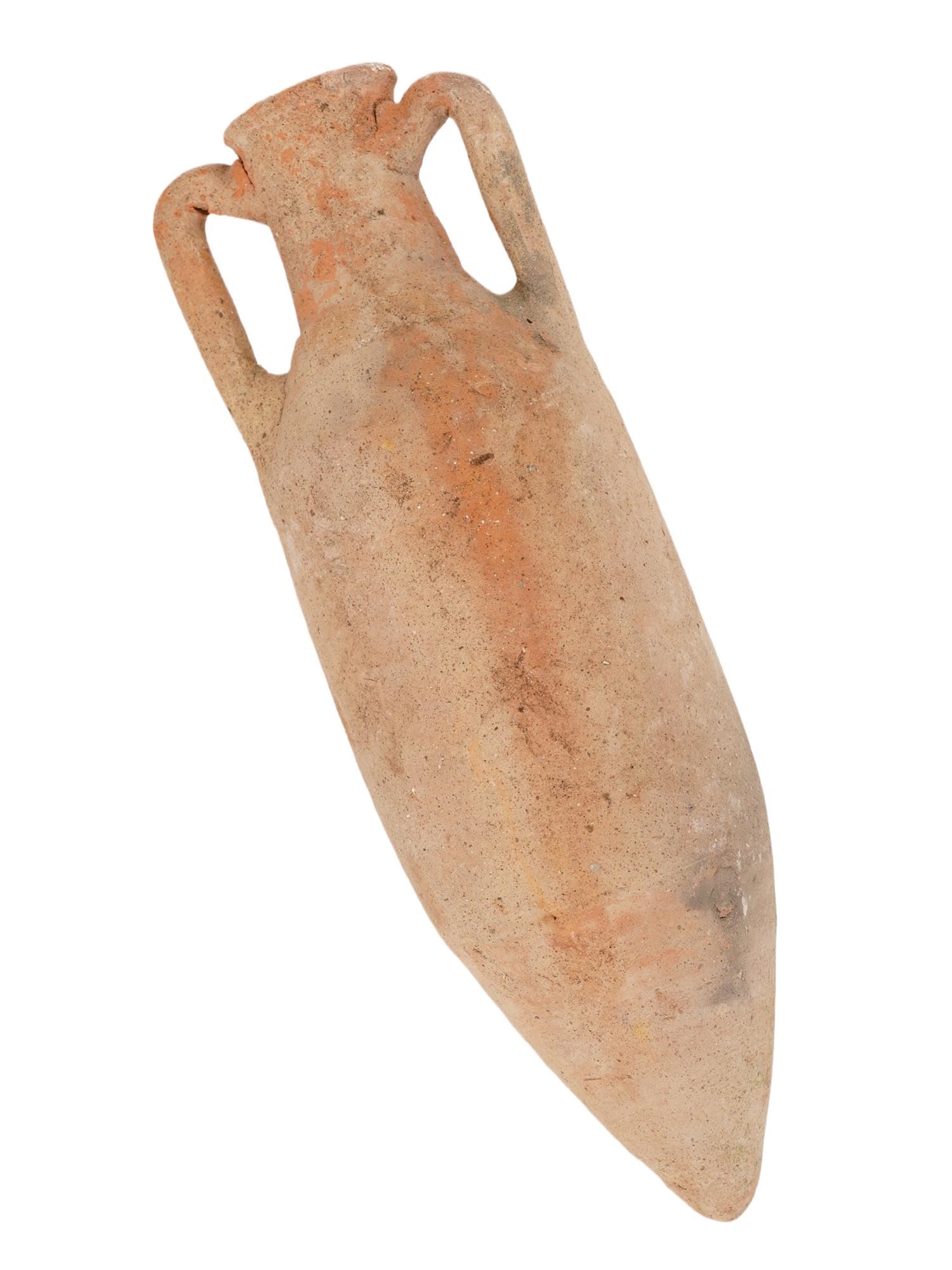 ANCIENT ROMAN TERRACOTTA AMPHORA CA 100 TO 300 AD: An ancient Roman terracotta amphora dating from approximately 100 to 300 BC. The vessel features the classic elongated body with twin vertical handles and a narrow neck, designed for the storage and