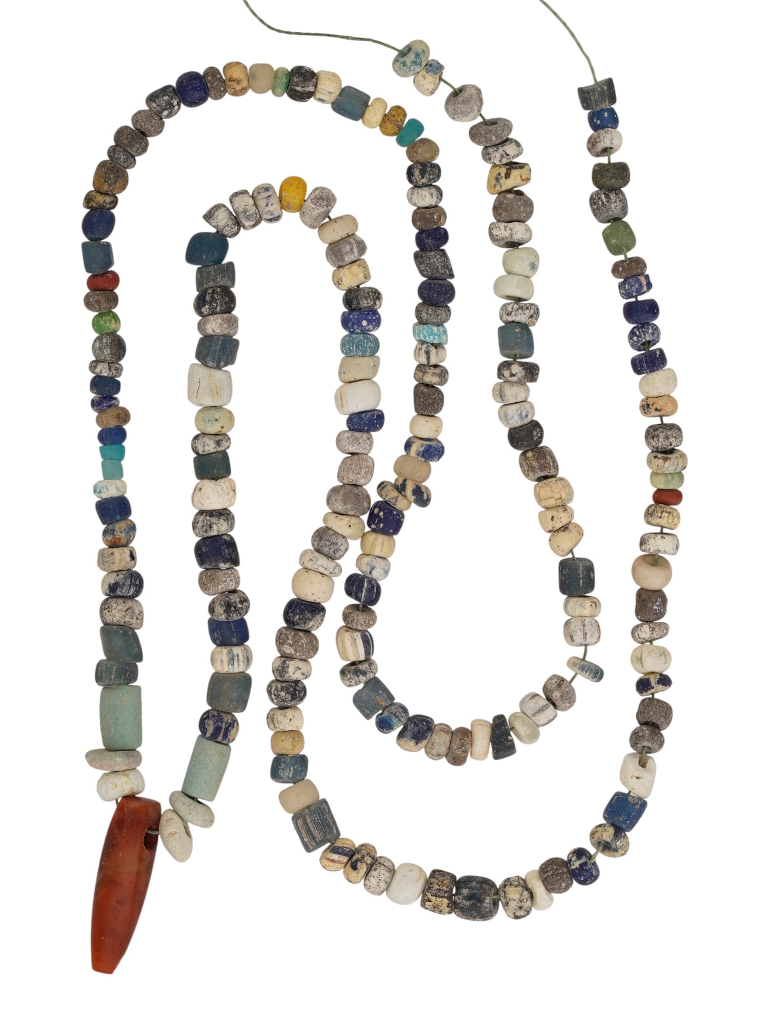 ANCIENT ROMAN GLASS NECKLACE W CARNELIAN 100 TO 300 AD: An ancient Roman fiance necklace made in a beaded design. The necklace is crafted from multicolored glass beads, dating from 100 to 300 AD. The necklace showcases a range of bead colors and shapes,