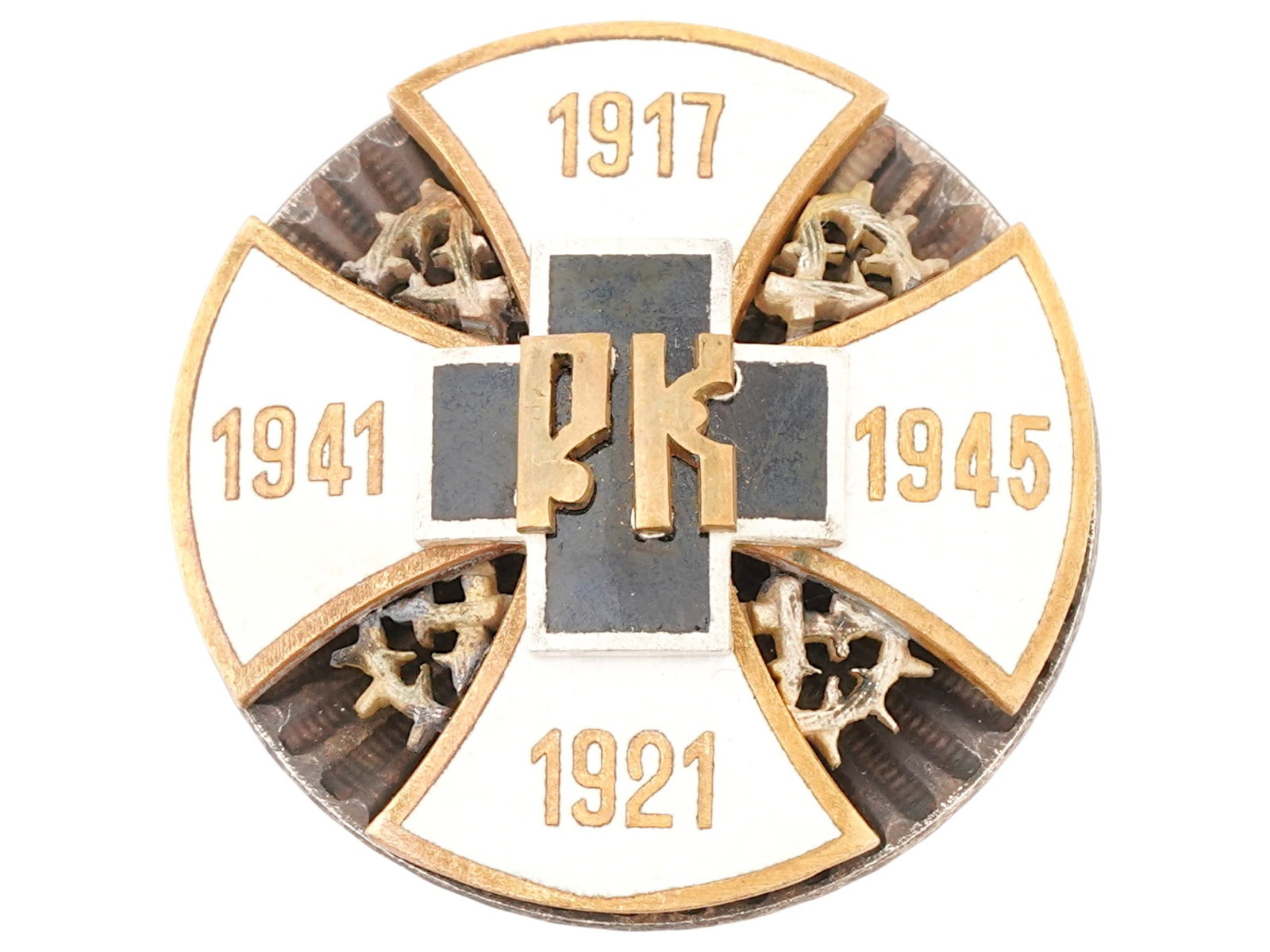 WWII RUSSIAN CORPS IN THE BALKANS CROSS MEDAL: A WWII era award badge of the Russian corps in service of Wehrmacht in the Balkans. It showcases a white enameled cross with the dates 1917, 1921, 1941, and 1945 on the four arms. The center features 