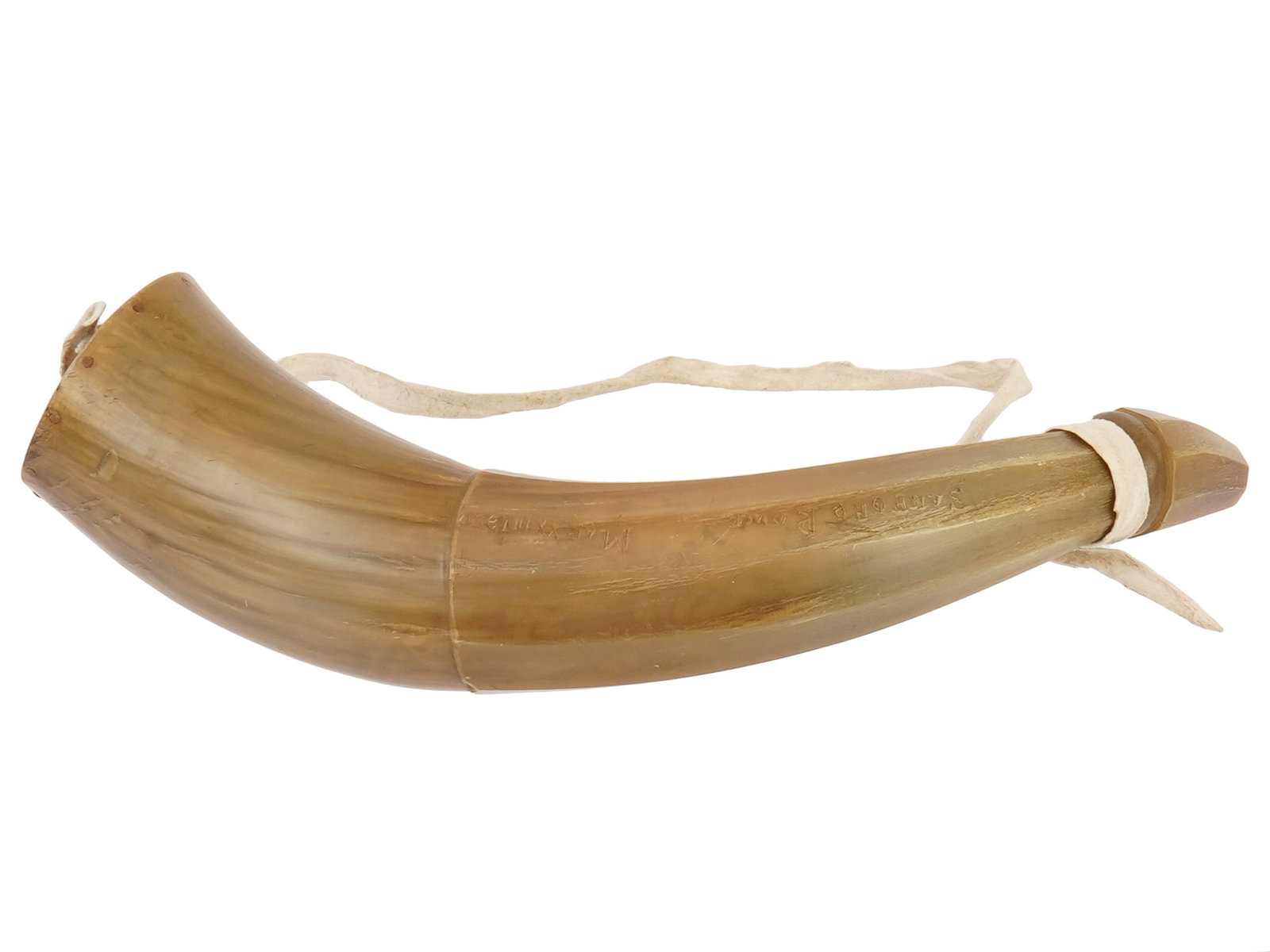 MID 19TH CEN AMERICAN ENGRAVED CARVED POWDER HORN: A mid 19th century American powder horn is fashioned from natural materials. The ware features a hand engraved inscription reading, Sanford Rowe March 23, 1850 across the central body. The vessel is f
