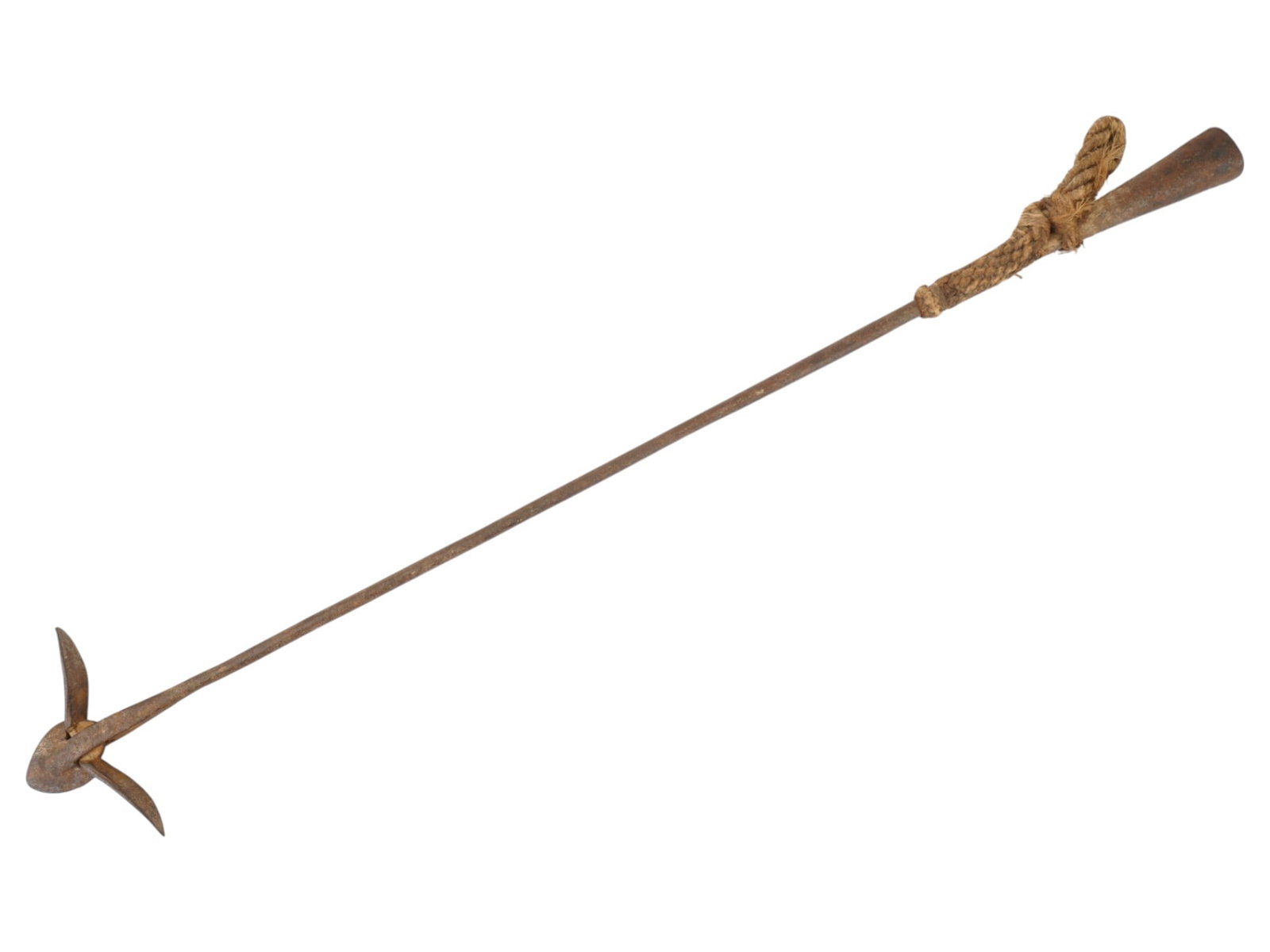 ANTIQUE 19TH C IRON HAND FORGED WHALING HARPOON HEAD: An antique 19th-century whaling harpoon head is a hand-forged iron implement featuring a pivoting lily-style toggling tip designed for secure penetration. The piece includes a long iron shank terminat