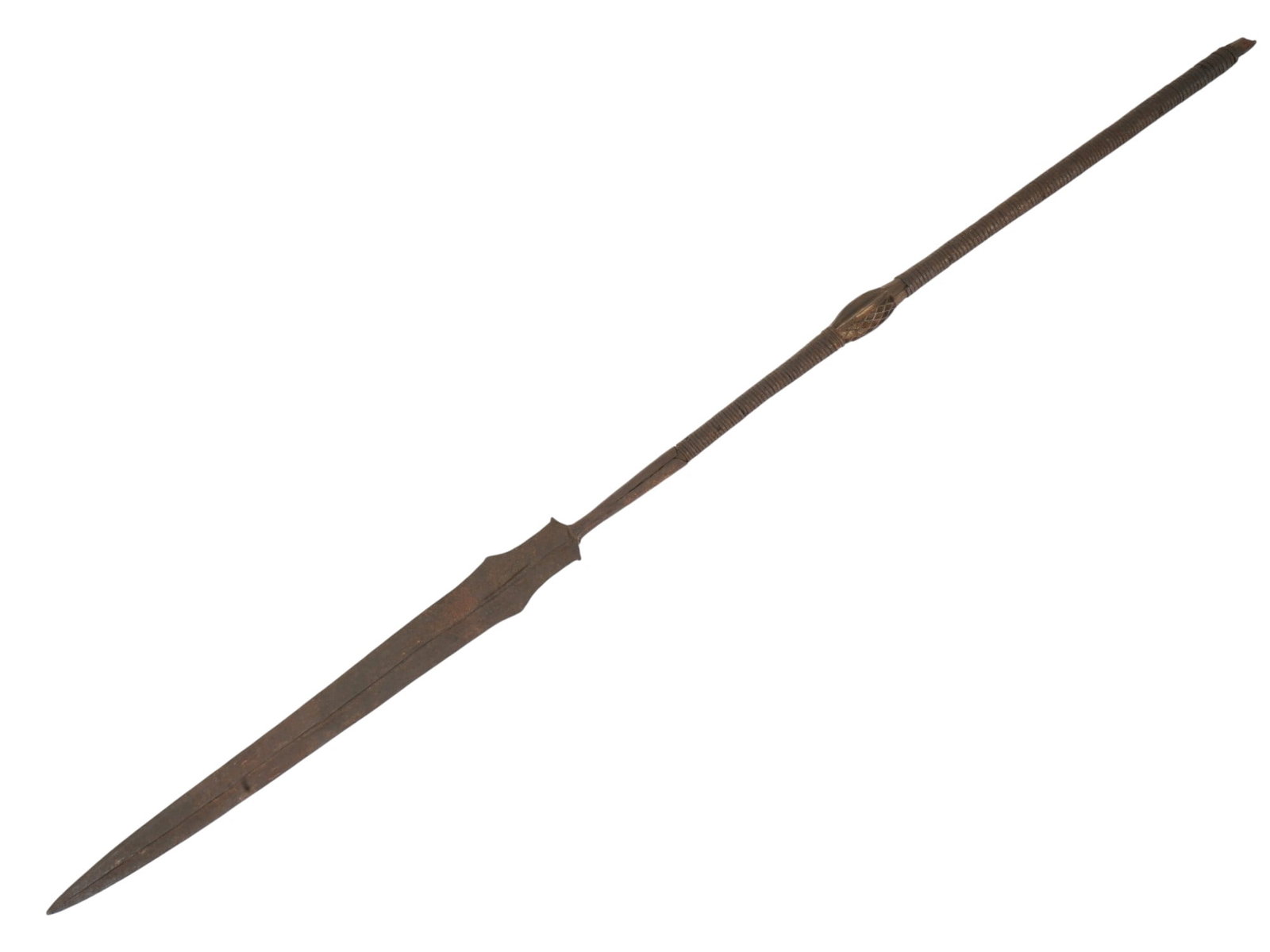 ANTIQUE AFRICAN METAL SPEARHEAD W LEAF SHAPED BLADE: An antique African spearhead crafted from metal probably forged iron, featuring a slender, leaf shaped blade that tapers to a point. The design includes a prominent central rib for structural integrit