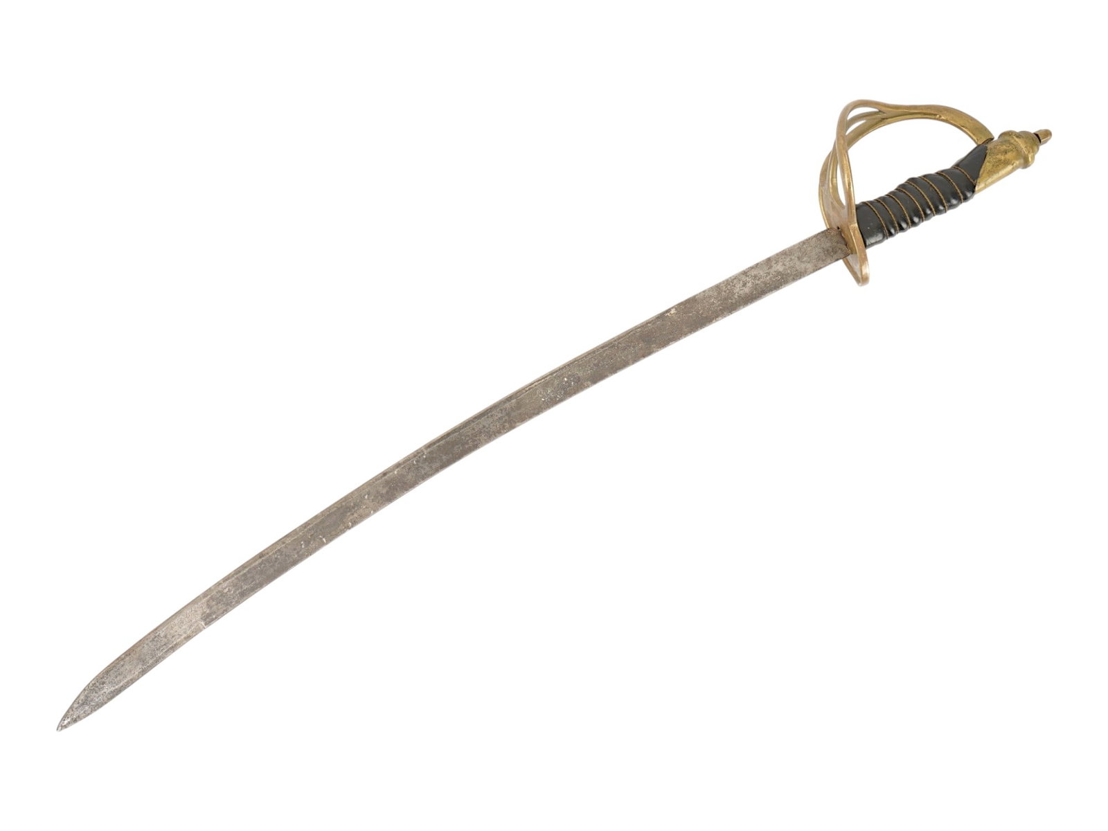 ANTIQUE CAVALRY CURVED SINGLE EDGED SABER SWORD: An antique cavalry saber, a curved single-edged sword used by mounted soldiers from the late 18th through the 19th centuries. The piece features a brass branching guard with knuckle bow for hand prote