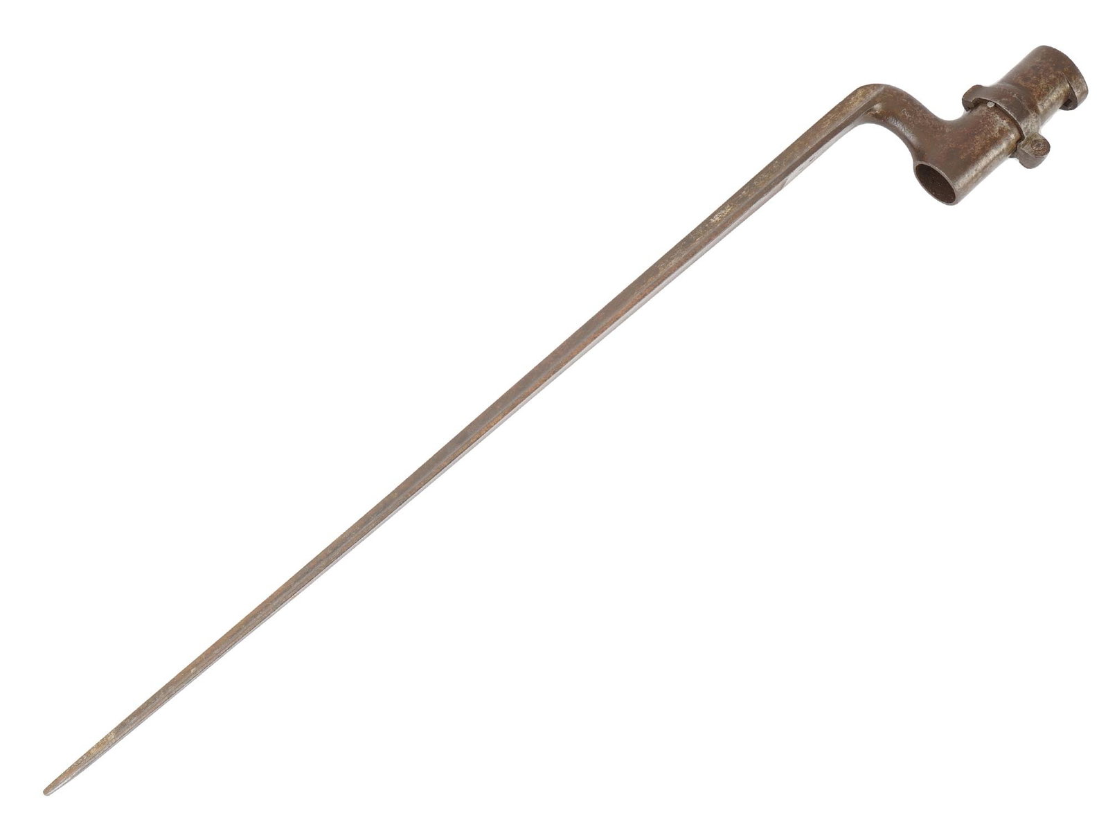 ANTIQUE MILITARY TRIANGULAR SOCKET BAYONET MARKED: An antique socket bayonet featuring a long, triangular needle blade and a mounting sleeve used for 18th and 19th-century muskets and rifles. Marked. Civil War, Enfield, Springfield, Musket, Edged Weap