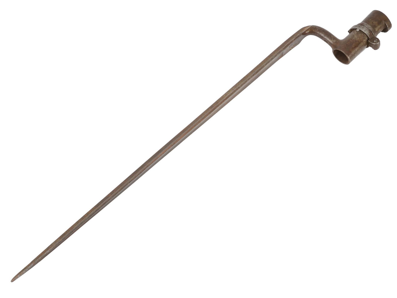 ANTIQUE MILITARY TRIANGULAR SOCKET BAYONET: An antique socket bayonet features a long, tapering triangular-section blade designed for military use during the mid-to-late 19th century. The piece is constructed with an offset shank leading to a