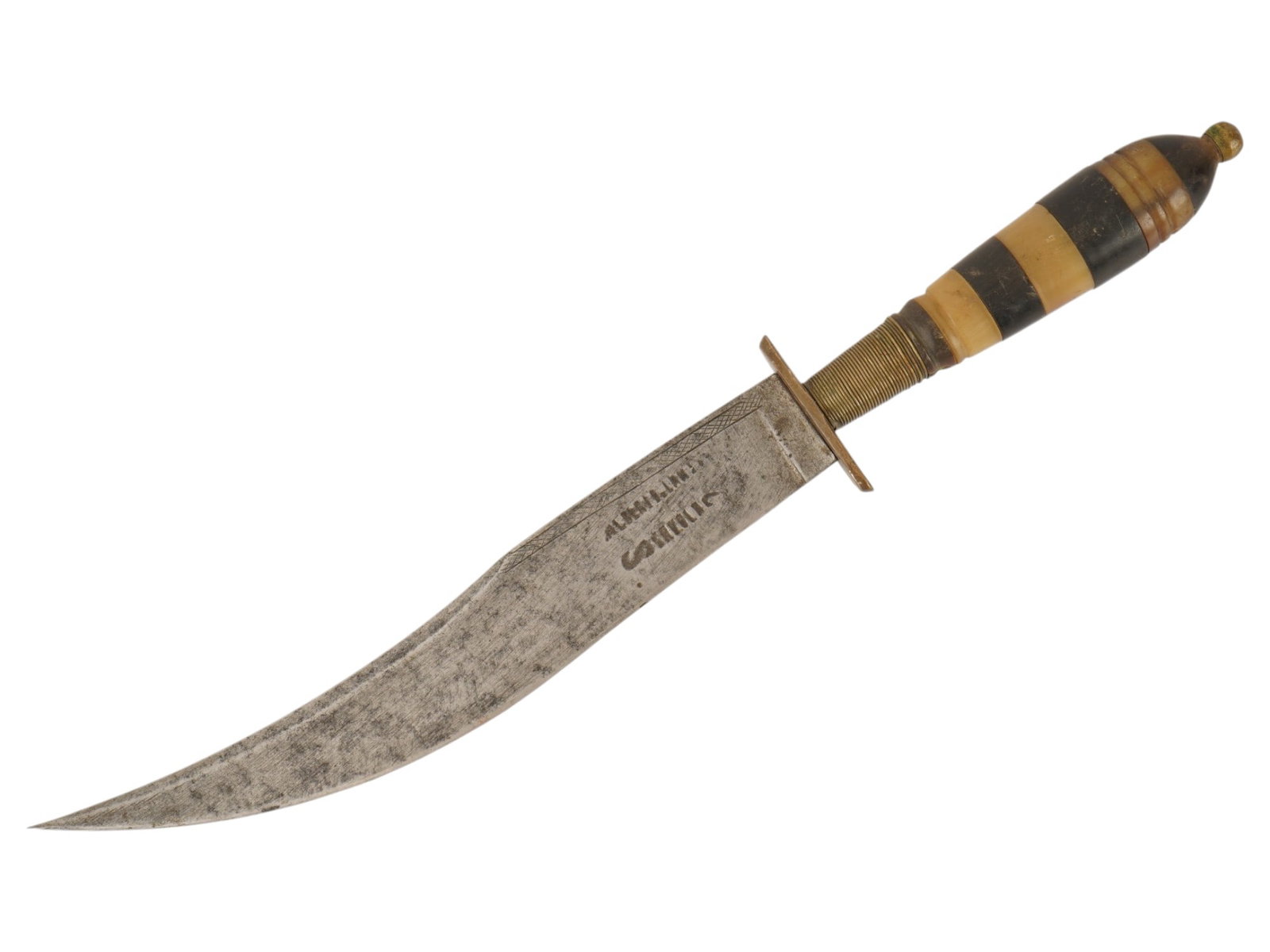 VINTAGE MEXICAN BOWIE KNIFE WITH ENGRAVING: A vintage Mexican Bowie-type knife. The curved blade is acid-etched and features engraved geometric decor. Marked with traces of inscription on one side of the blade. A striped handle wrapped with