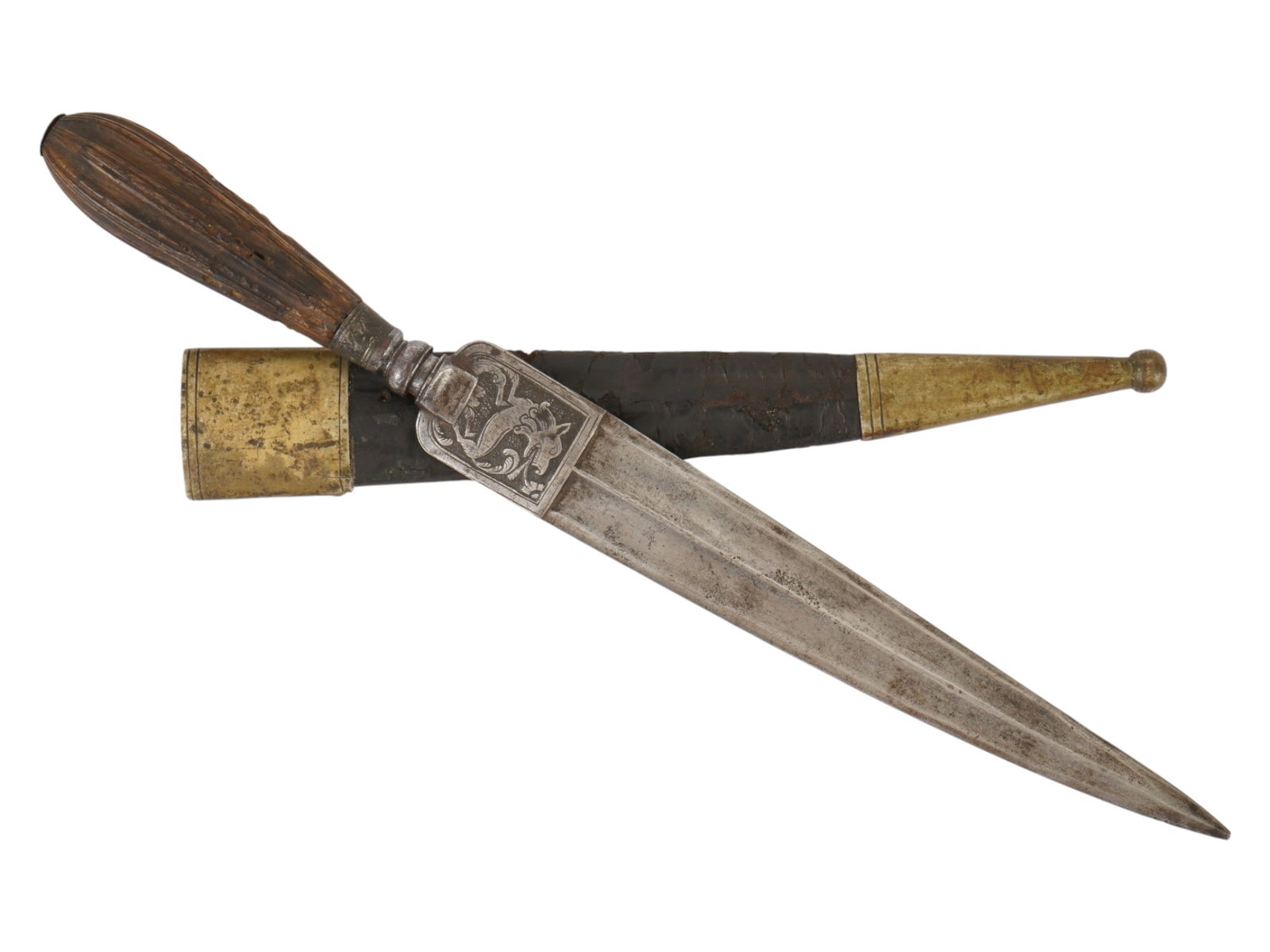 ANTIQUE 18TH C ITALIAN HUNTING BAYONET WITH SHEATH: An antique 18th-century Italian hunting socket bayonet or dagger. Ligurian type. Spear-point blade with an etched lion and bird motifs at the base. Wooden handle. Brass-mounted black leather sheath.