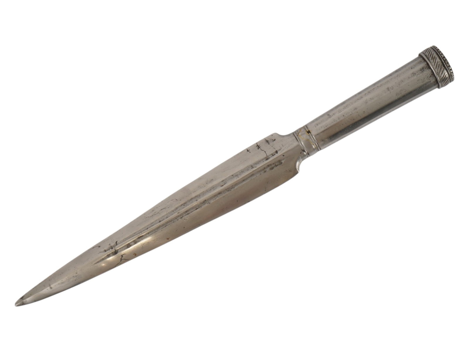 ANTIQUE INDO-PERSIAN SOCKETED SPEARHEAD: An antique socketed spearhead presumably of Indo-Persian origin. The blade has a classic leaf shape symmetrically widened at the base, tapering smoothly toward the tip. A pronounced stiffening rib run