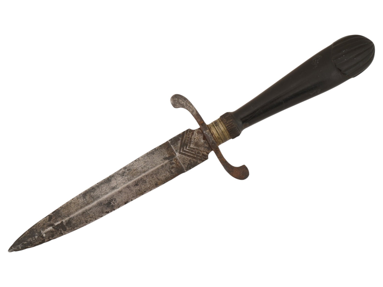 ANTIQUE EUROPEAN STEEL DAGGER WITH S CURVED GUARD: An antique European steel dagger with S curved guard. The dagger features a double-edged steel blade tapering to a sharp point, characterized by a central ridge. The ricasso is decorated with a