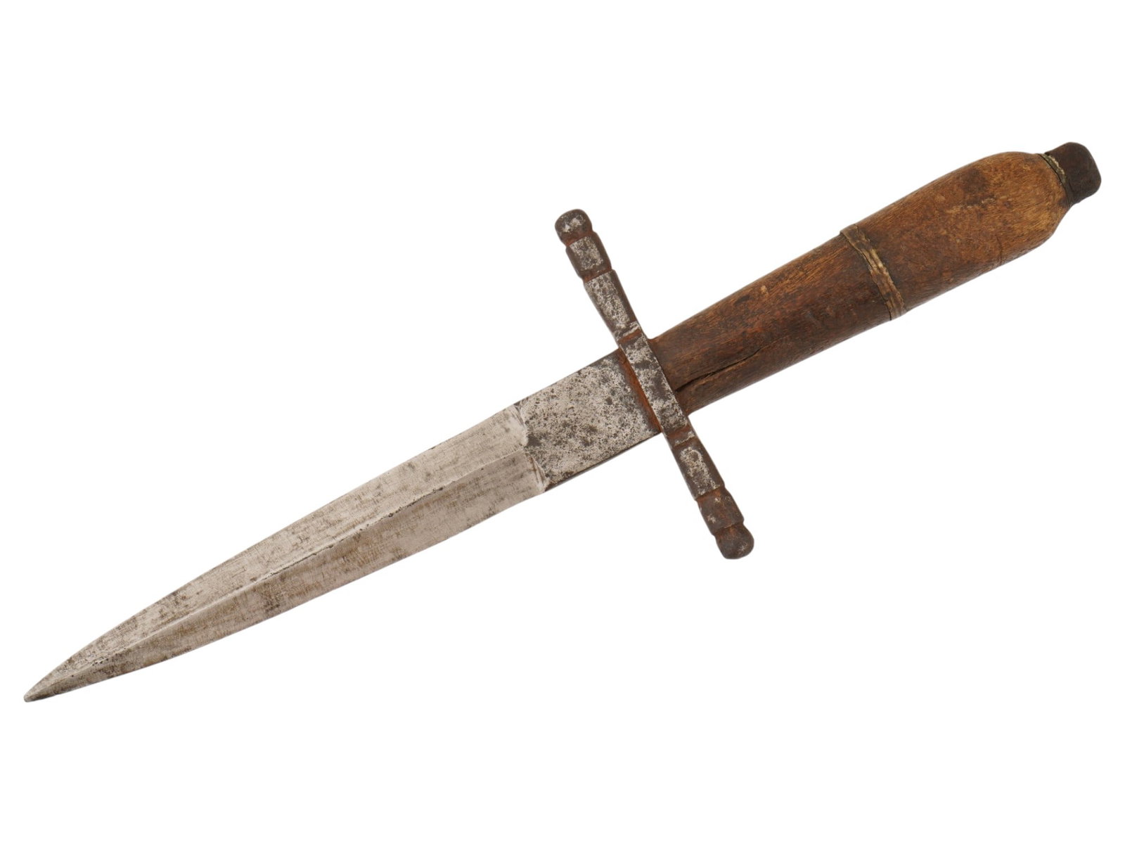 ANTIQUE STEEL DAGGER WITH WOODEN GRIP: An antique dagger features a double-edged steel blade tapering to a sharp point, characteristic of a quillon-style sidearm. The hilt is composed of a straight, cylindrical iron cross-guard and a