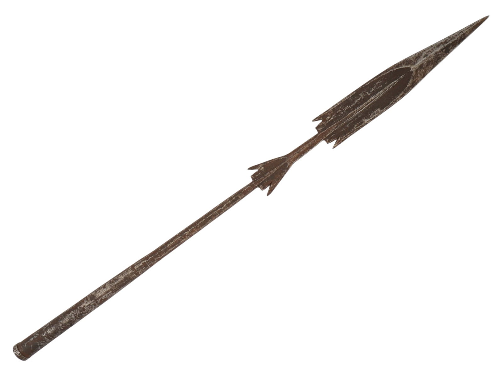 ANTIQUE AFRICAN SPEARHEAD WITH A LEAF SHAPED BLADE: An antique African hand-forged spearhead with a leaf-shaped blade and pronounced barbed projections. The iron head features a socketed base for mounting on a wooden shaft and retains a dark aged