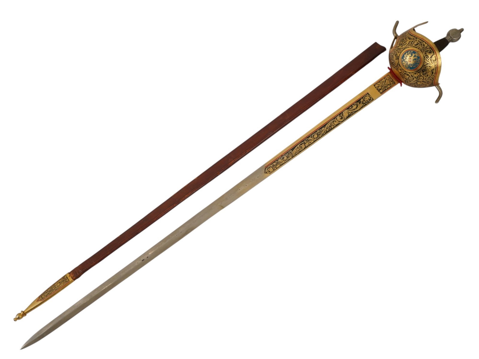 VINTAGE SPANISH TOLEDO CUP HILT RAPIER DRESS SWORD: A vintage Spanish dress sword, crafted in the tradition of 17th-century rapiers, features a prominent cup hilt or cazoleta adorned with intricate scrollwork and heraldic motifs. The tapered steel
