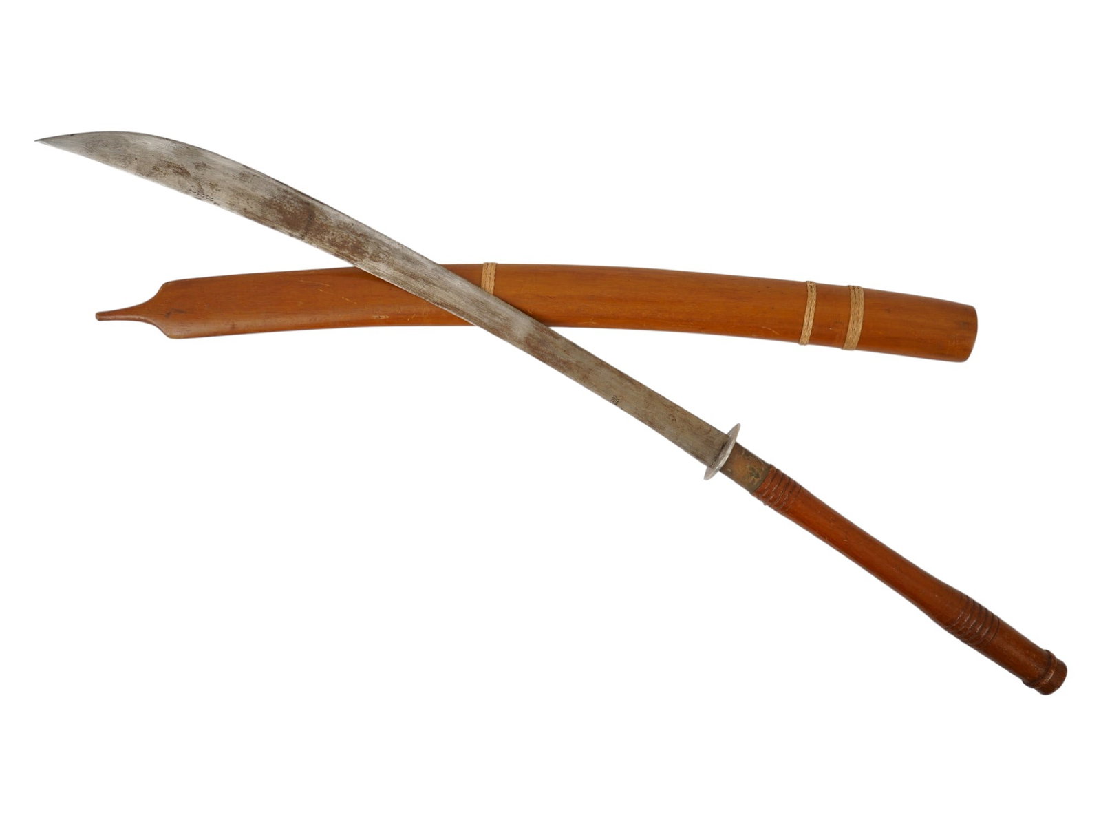 TRADITIONAL SOUTHEAST ASIAN DHA DAGGER W WOOD SCABBARD: A traditional dha sword also known as a dah or daab. This bladed weapon is widely used in Southeast Asian countries, including Myanmar Burma, Thailand, Laos, and Vietnam. A blade is single edged,