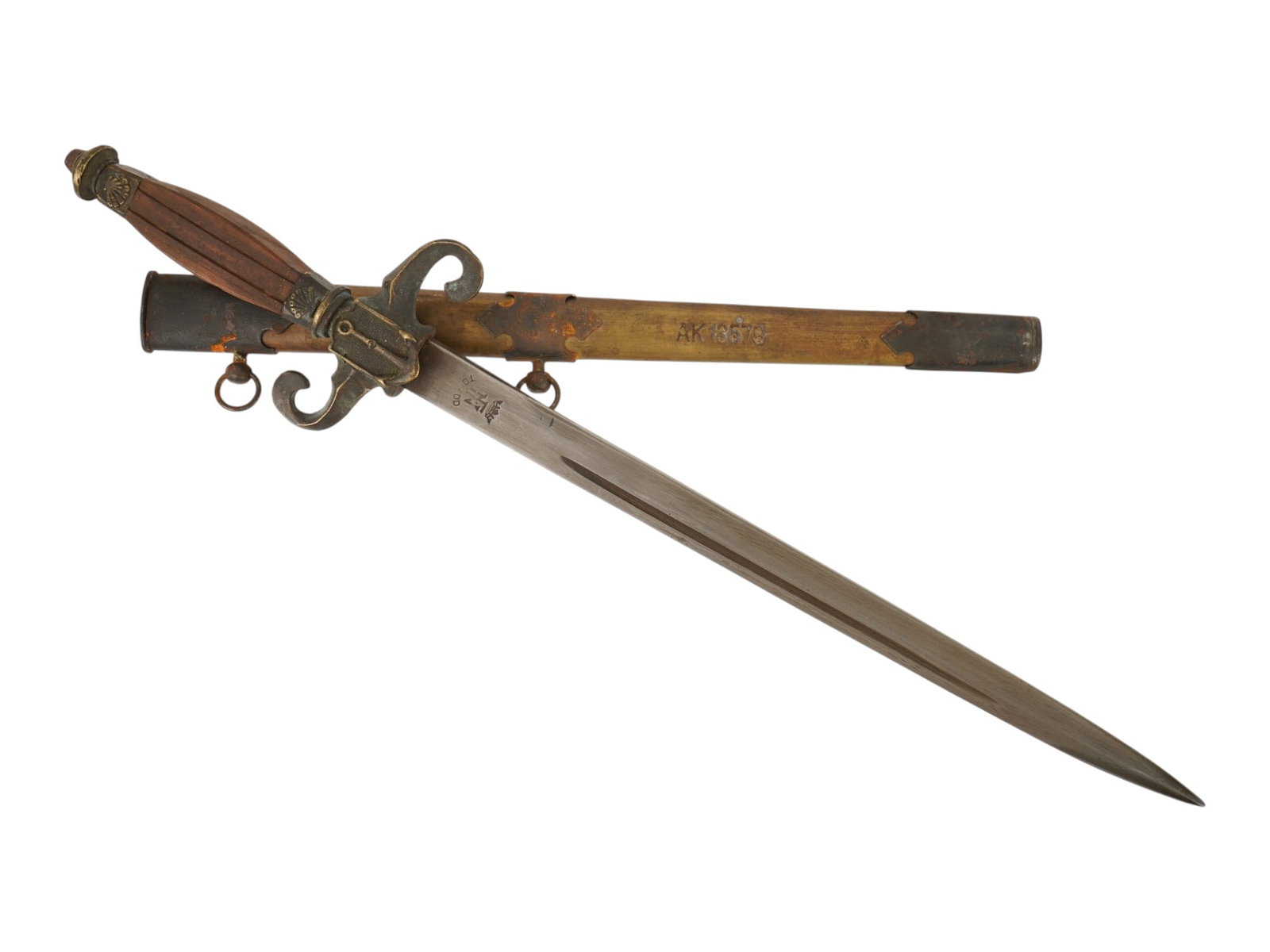 VINTAGE SPANISH FN TOLEDO DAGGER W SCABBARD: A vintage Spanish dagger features a straight, double-edged steel blade with a central fuller and stamped makers marks at the ricasso. The hilt is composed of S-curved quillons with scrolled terminals
