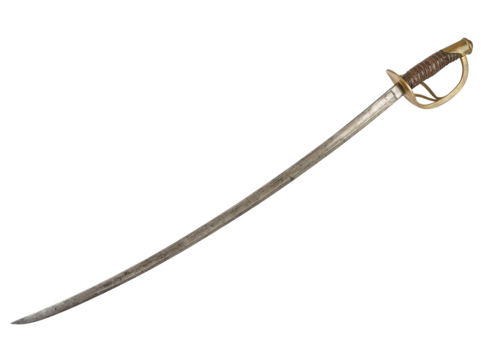 ANTIQUE AMERICAN CIVIL WAR CAVALRY OFFICERS SABER 1865: An antique 1865, American cavalry officers saber. Leather grip with guard and twisted brass wire. Stainless steel blade. Traces of engraved hallmark Christopher Roby of Chelmsford, and a date 1865 on