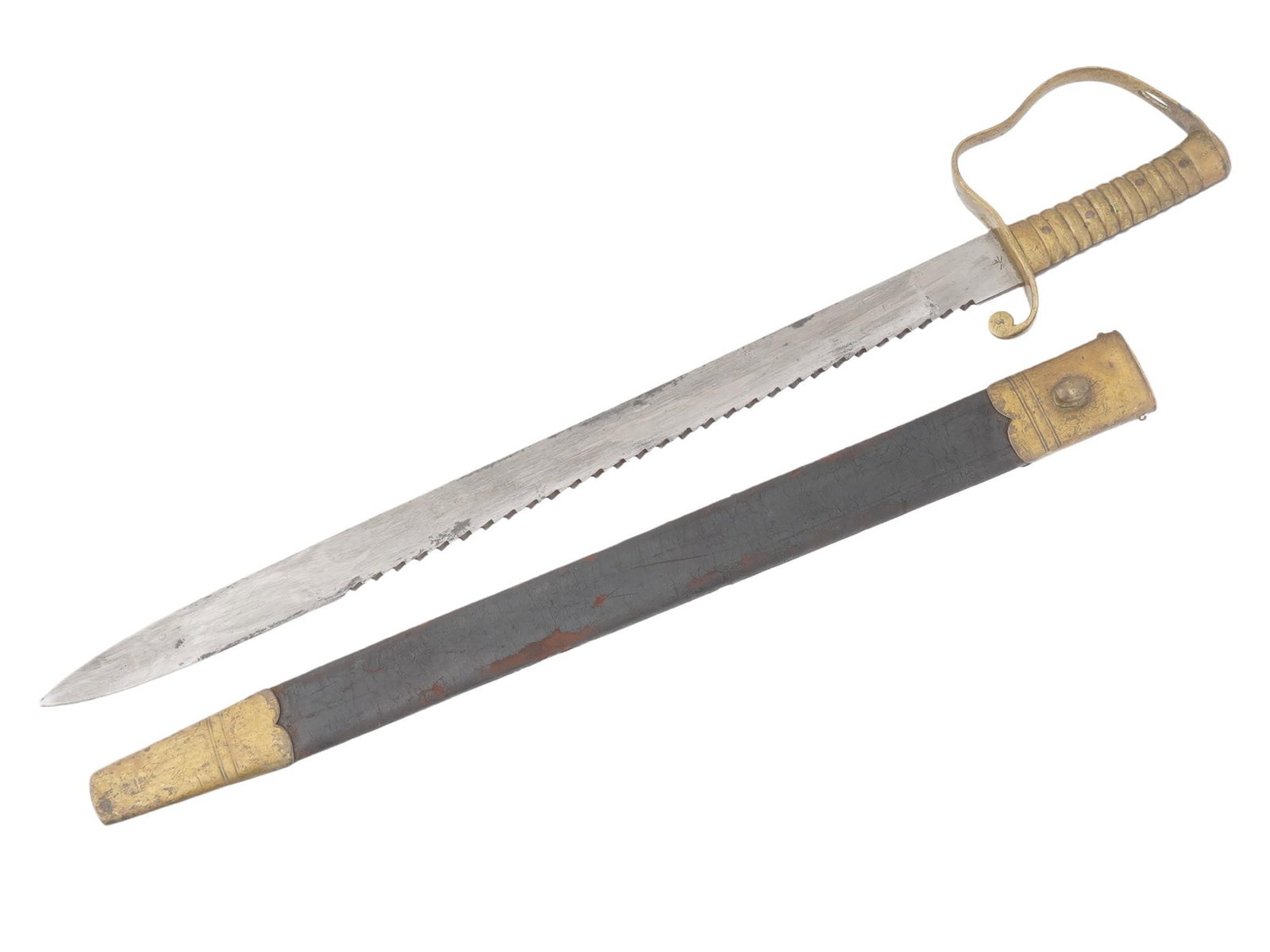 CIVIL WAR ENGLISH MADE MODEL 1856 PIONEER SWORD BY MOLE: An English made Model 1856 pioneer engineer sword used by the South in the Civil War. The sword features a double edged blade displaying a saw toothed edge. Regulation brass stirrup hilt with ribbed b