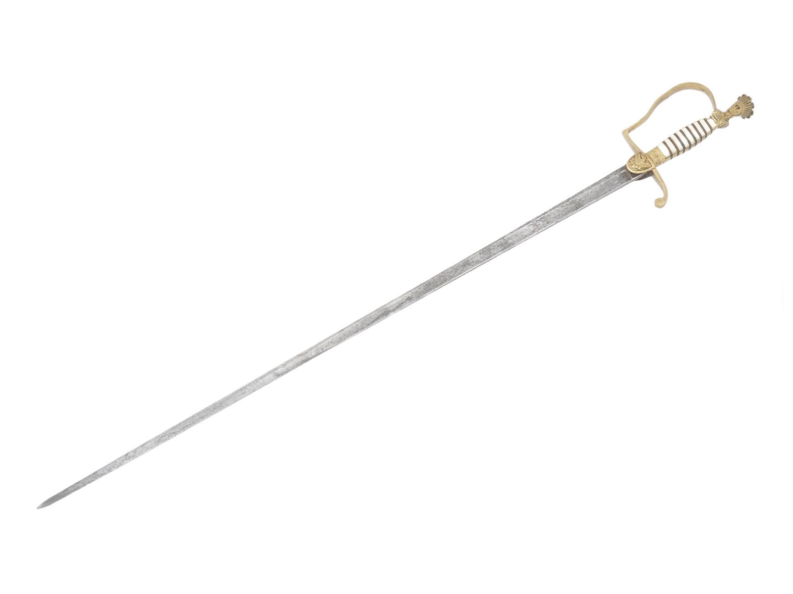 EARLY 1800S ANTIQUE MILITARY OFFICERS SWORD BY AMES: An antique probably American Indian Wars period military officers sword. A blade is adorned with engraved ornaments. The hilt is wrapped in white material. The guard showcases intricate detailing, inc